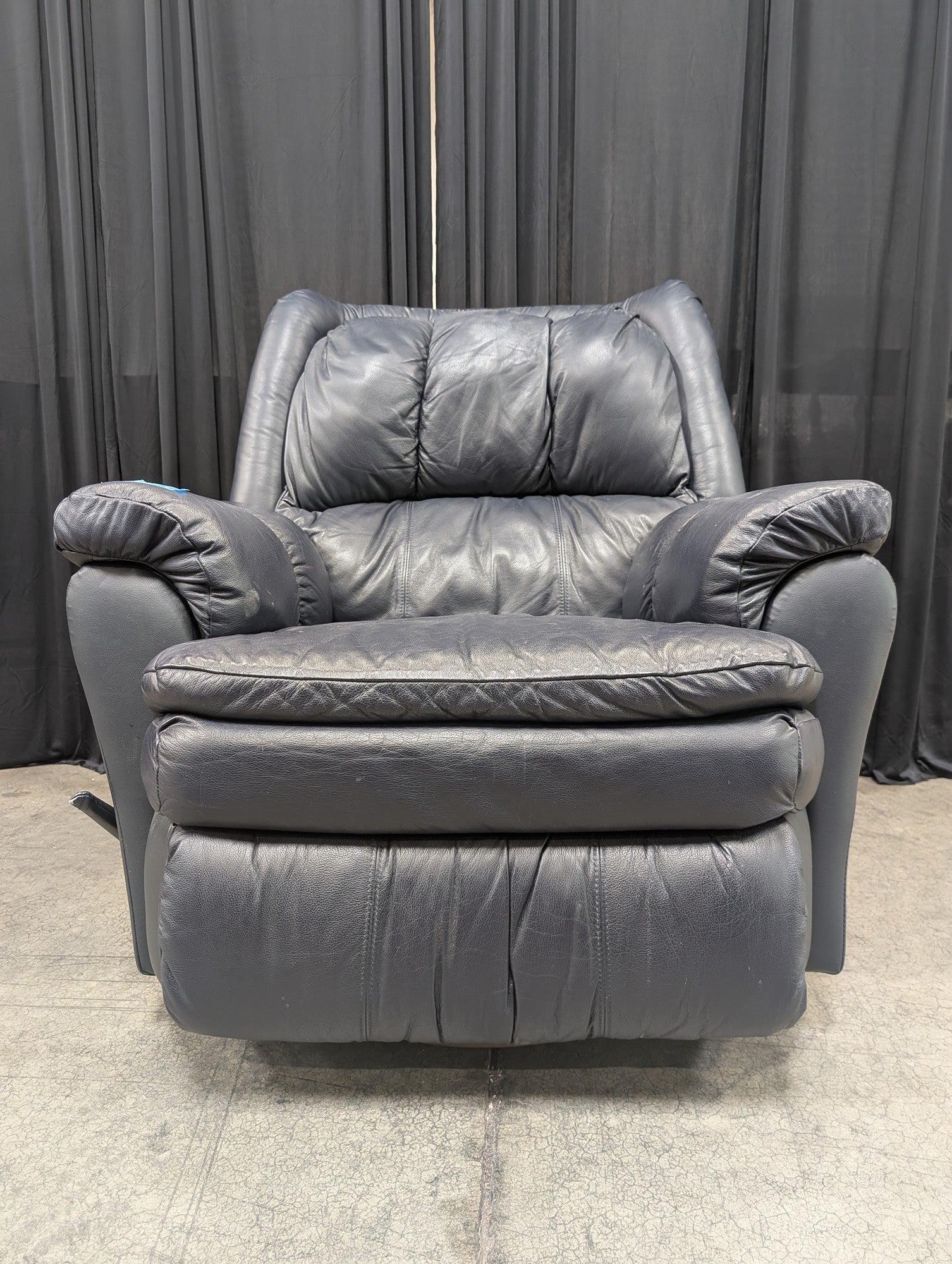 Navy Blue Leather Recliner with Manual Lever