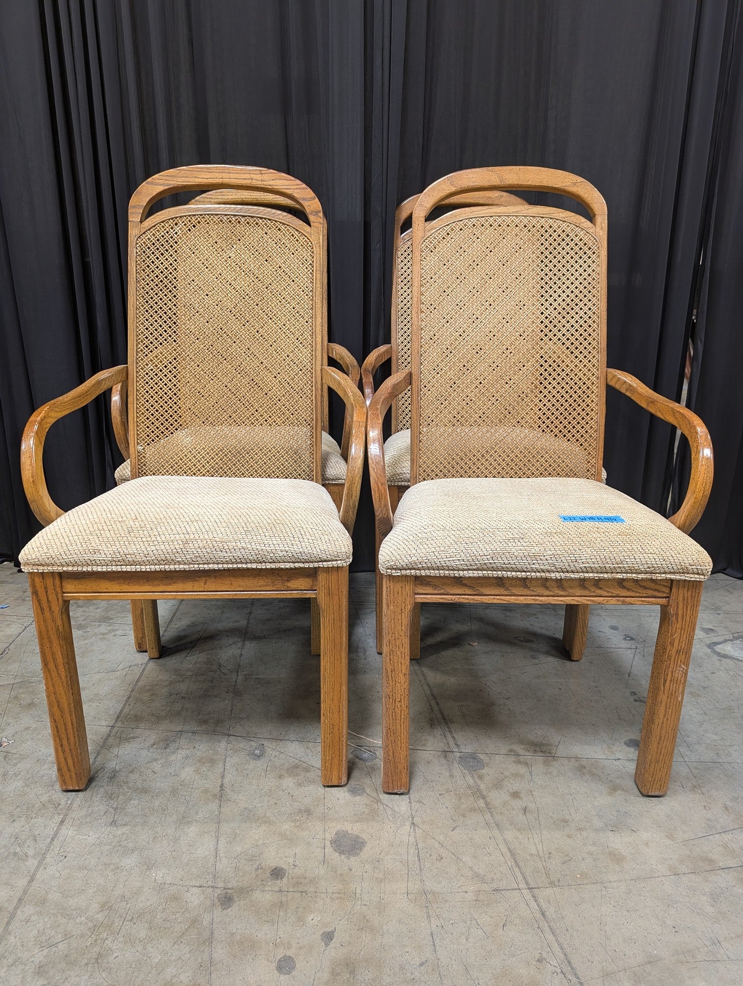 Set of Four Curved Wood Cane Back Dining Chairs with Upholstered Seats