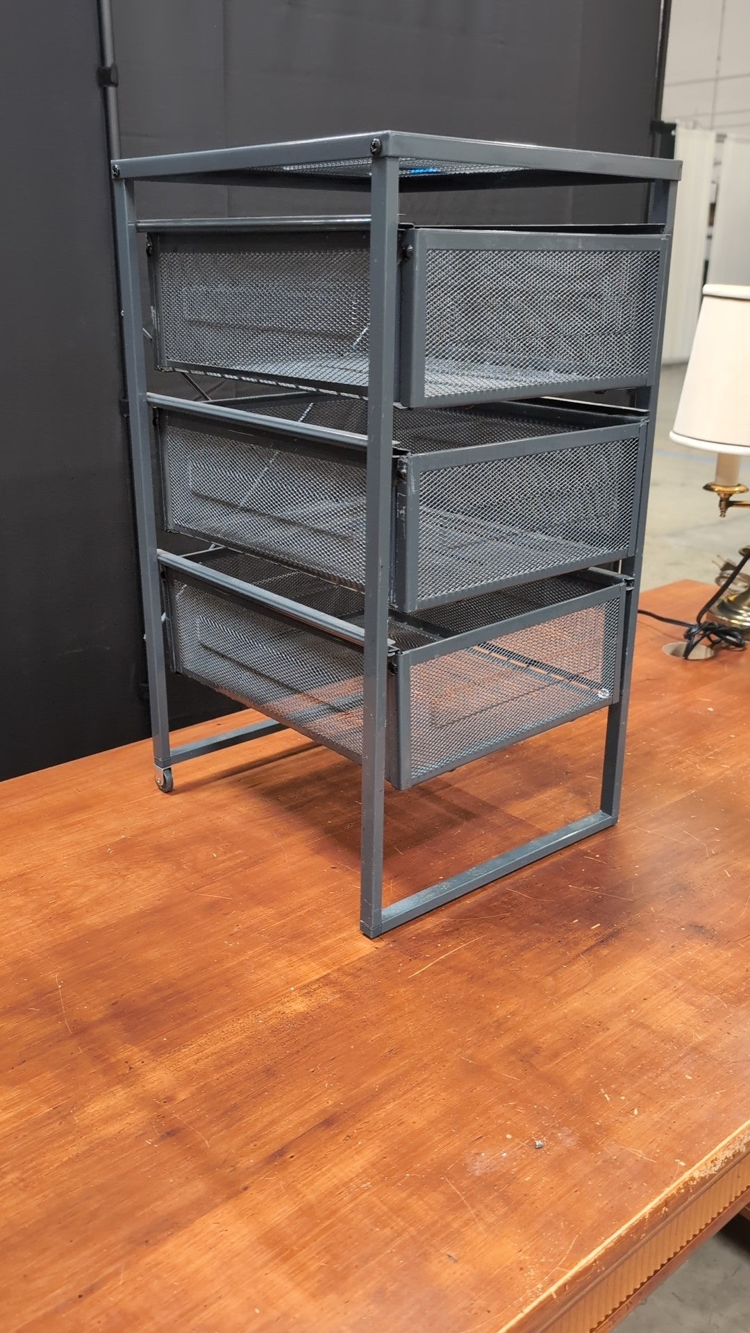 Gray Metal Three-Drawer Storage Cart with Casters