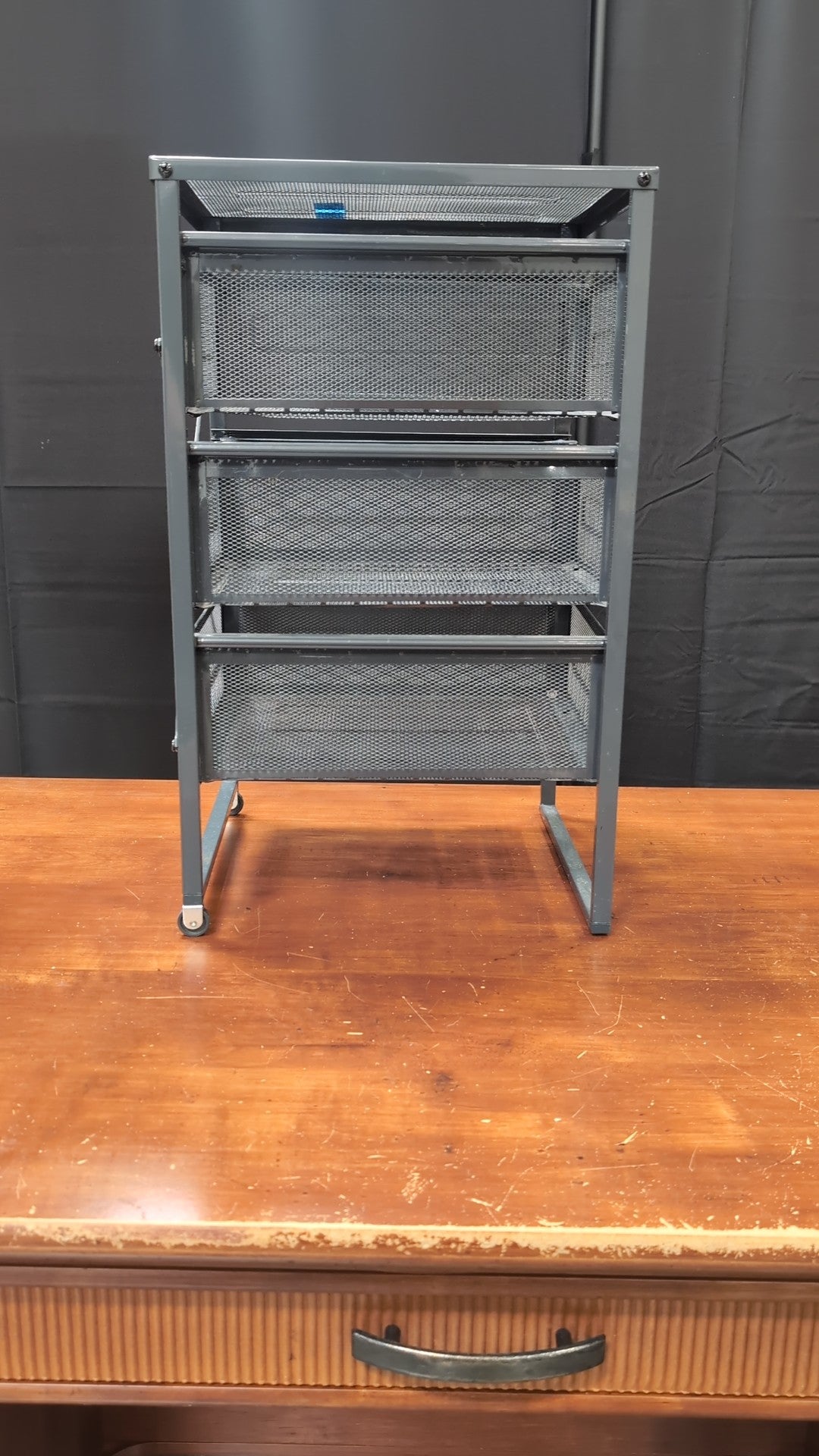 Gray Metal Three-Drawer Storage Cart with Casters