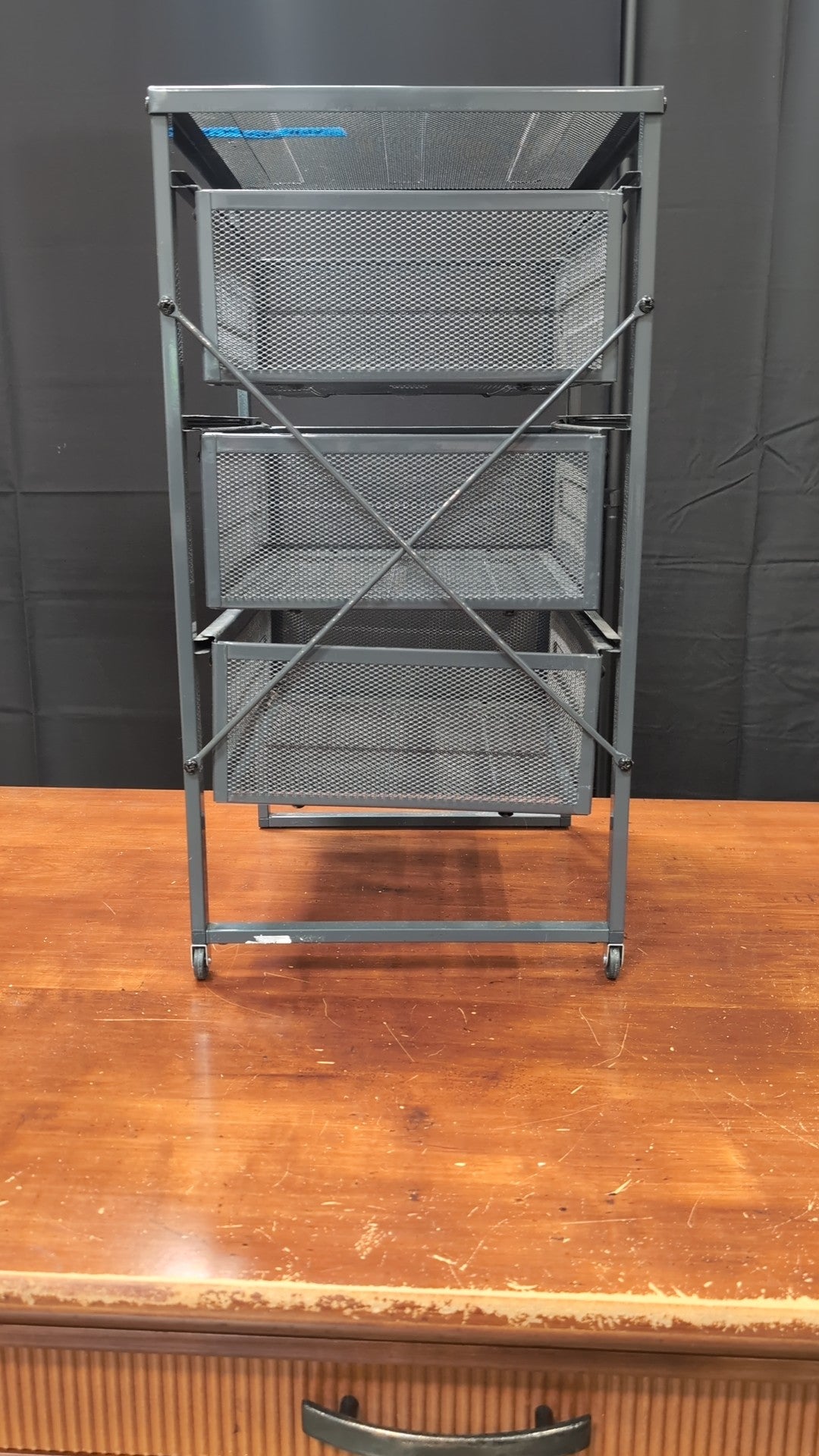 Gray Metal Three-Drawer Storage Cart with Casters