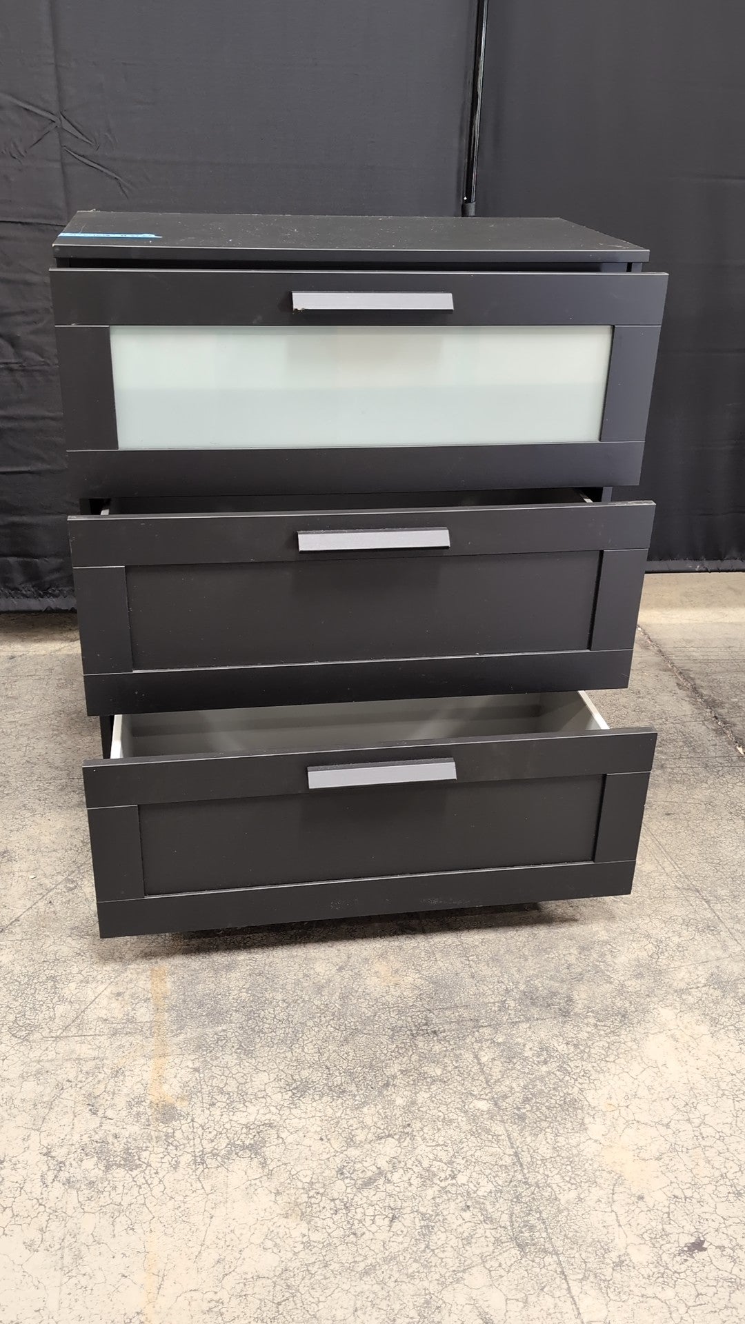 Dark Grey Three-Drawer Nightstand with Frosted Glass