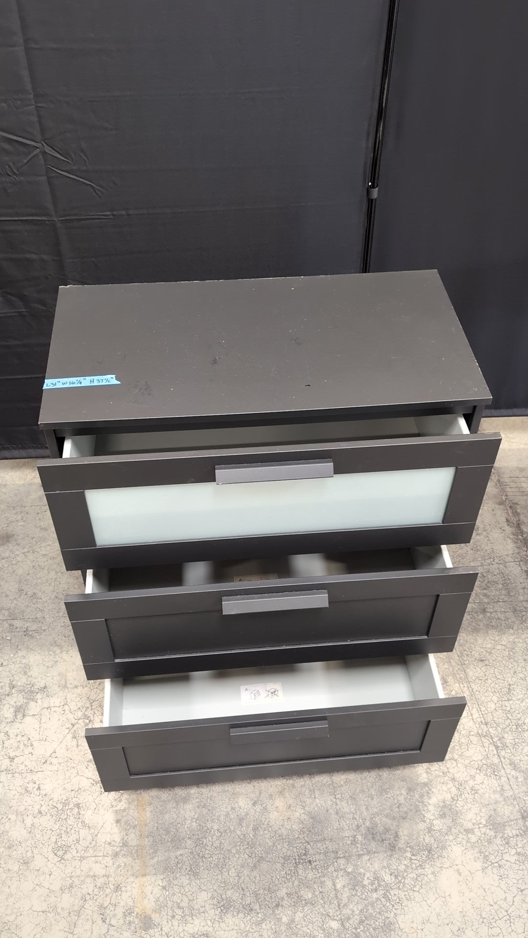 Dark Grey Three-Drawer Nightstand with Frosted Glass