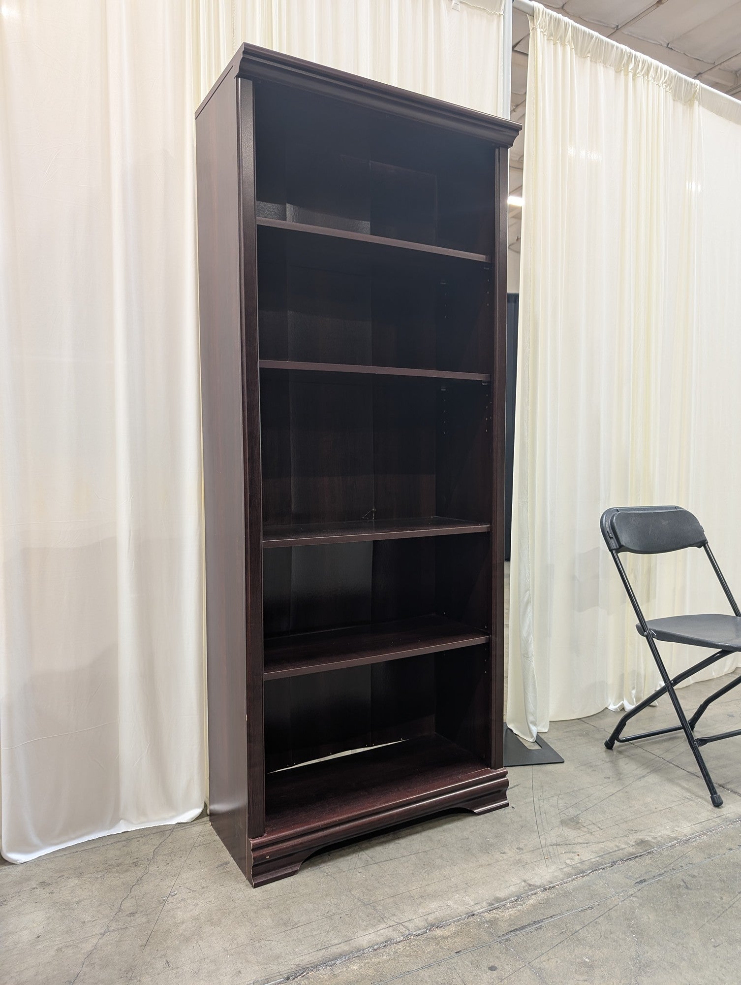 Dark Wood Five-Shelf Bookcase with Crown Molding