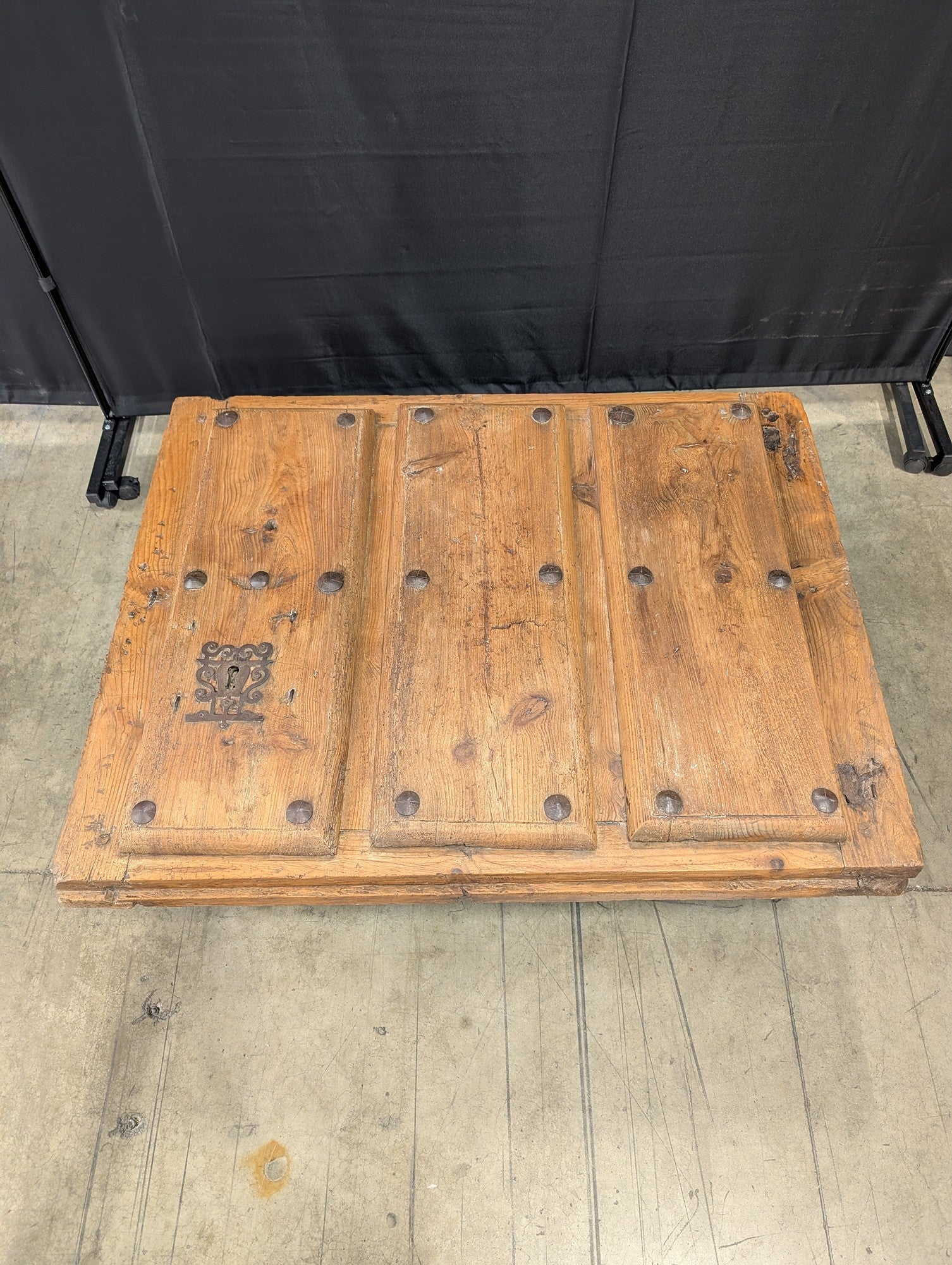 Rustic Plank Top Wood Coffee Table with Ornate Iron Base