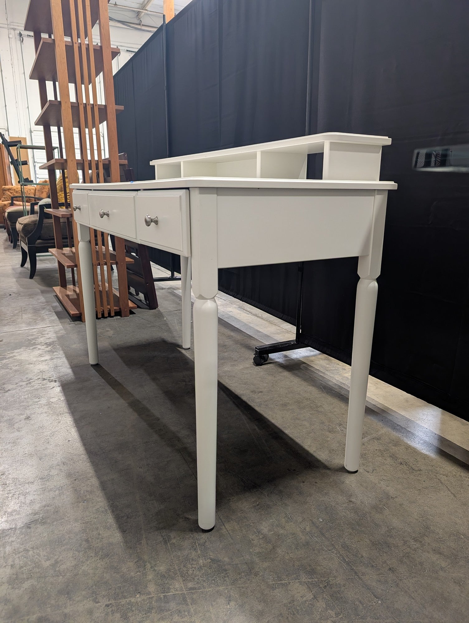 White Three-Drawer Desk with Storage Riser