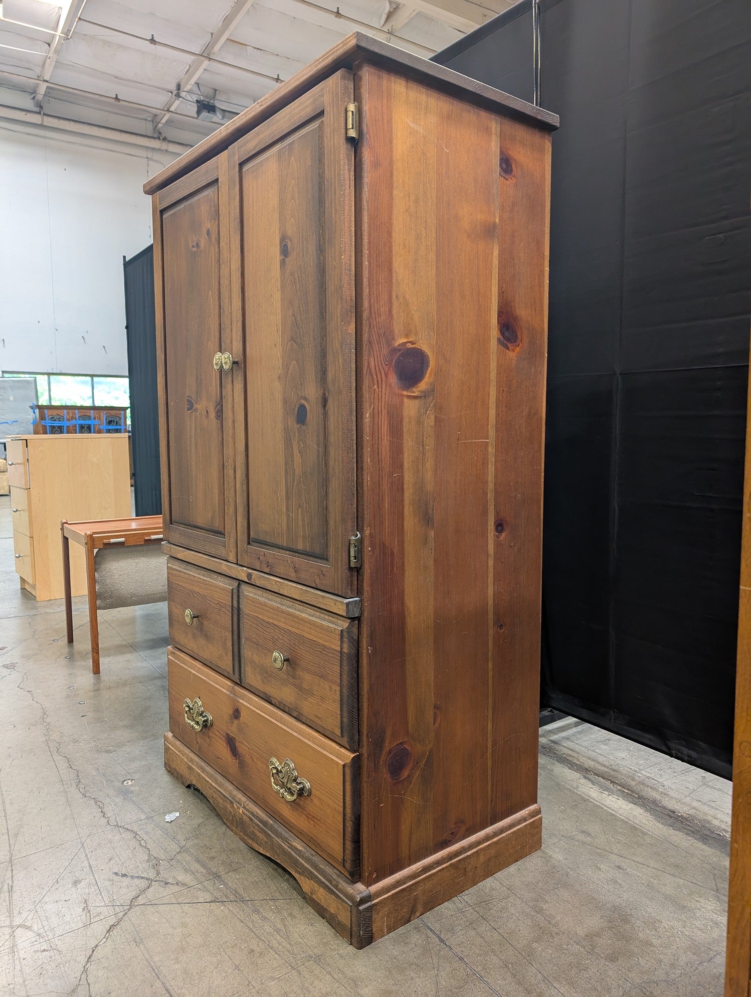 Rustic Pine Armoire Cabinet with Storage Drawers