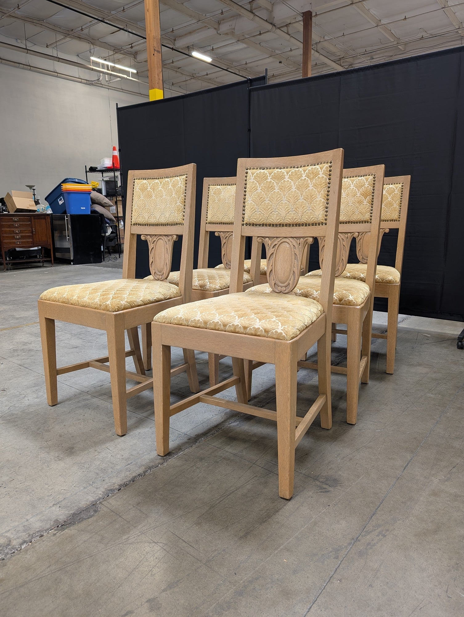Set of Six Light Oak Dining Chairs with Gold Patterned Upholstery