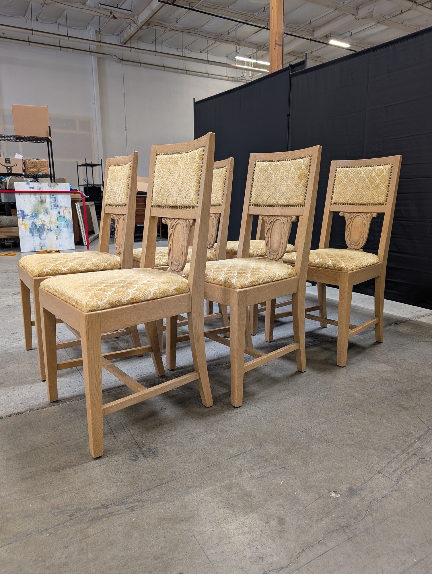 Set of Six Light Oak Dining Chairs with Gold Patterned Upholstery
