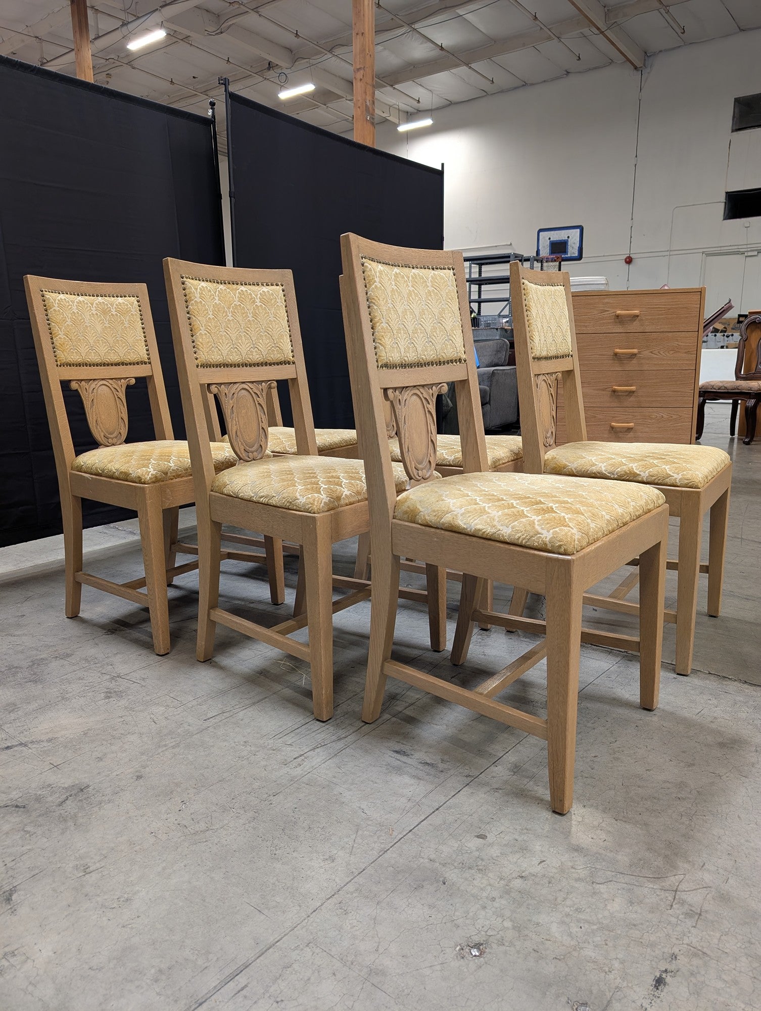 Set of Six Light Oak Dining Chairs with Gold Patterned Upholstery