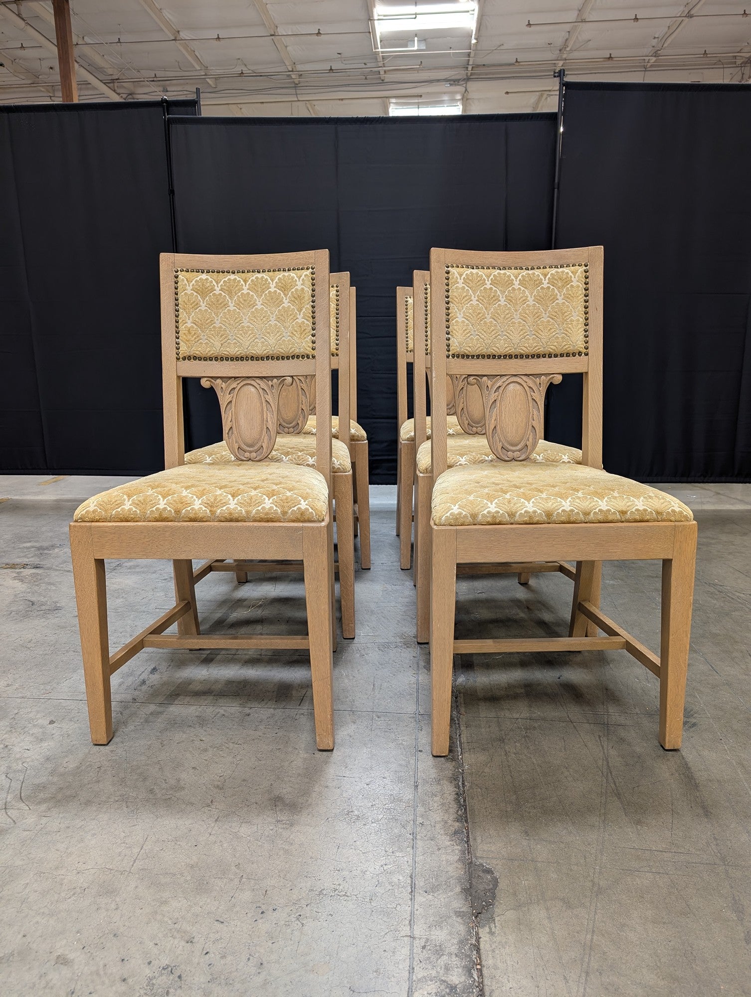 Set of Six Light Oak Dining Chairs with Gold Patterned Upholstery