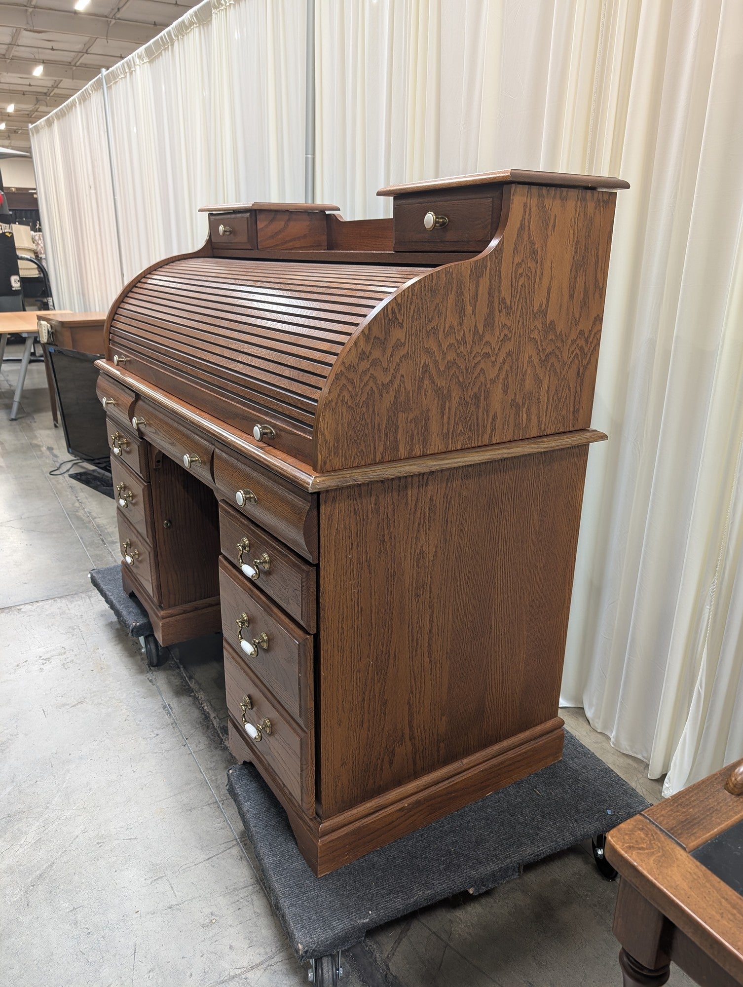 Oak-Tone Wood Roll-Top Desk with Ornate Hardware