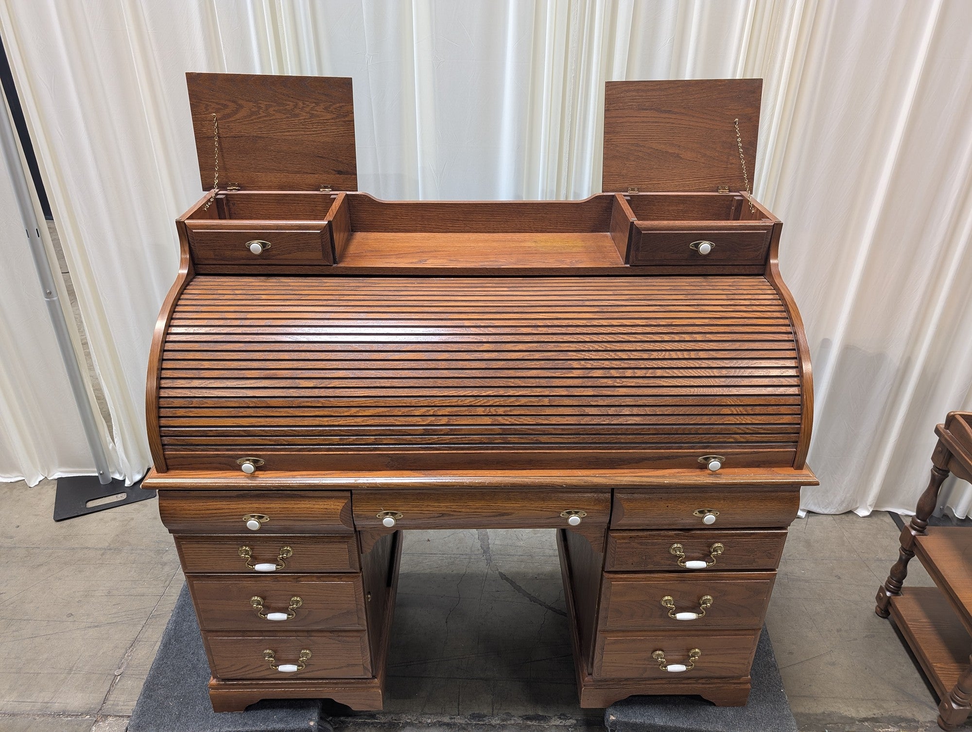 Oak-Tone Wood Roll-Top Desk with Ornate Hardware