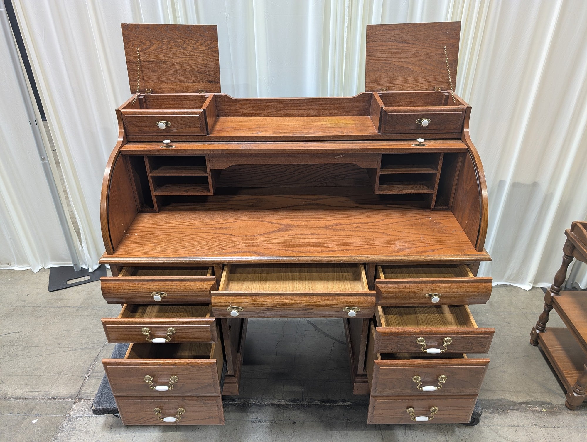 Oak-Tone Wood Roll-Top Desk with Ornate Hardware