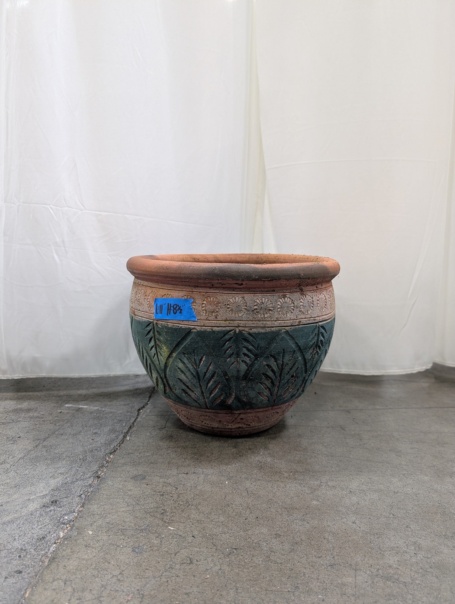Teal Terracotta Carved Leaf Pattern Planter