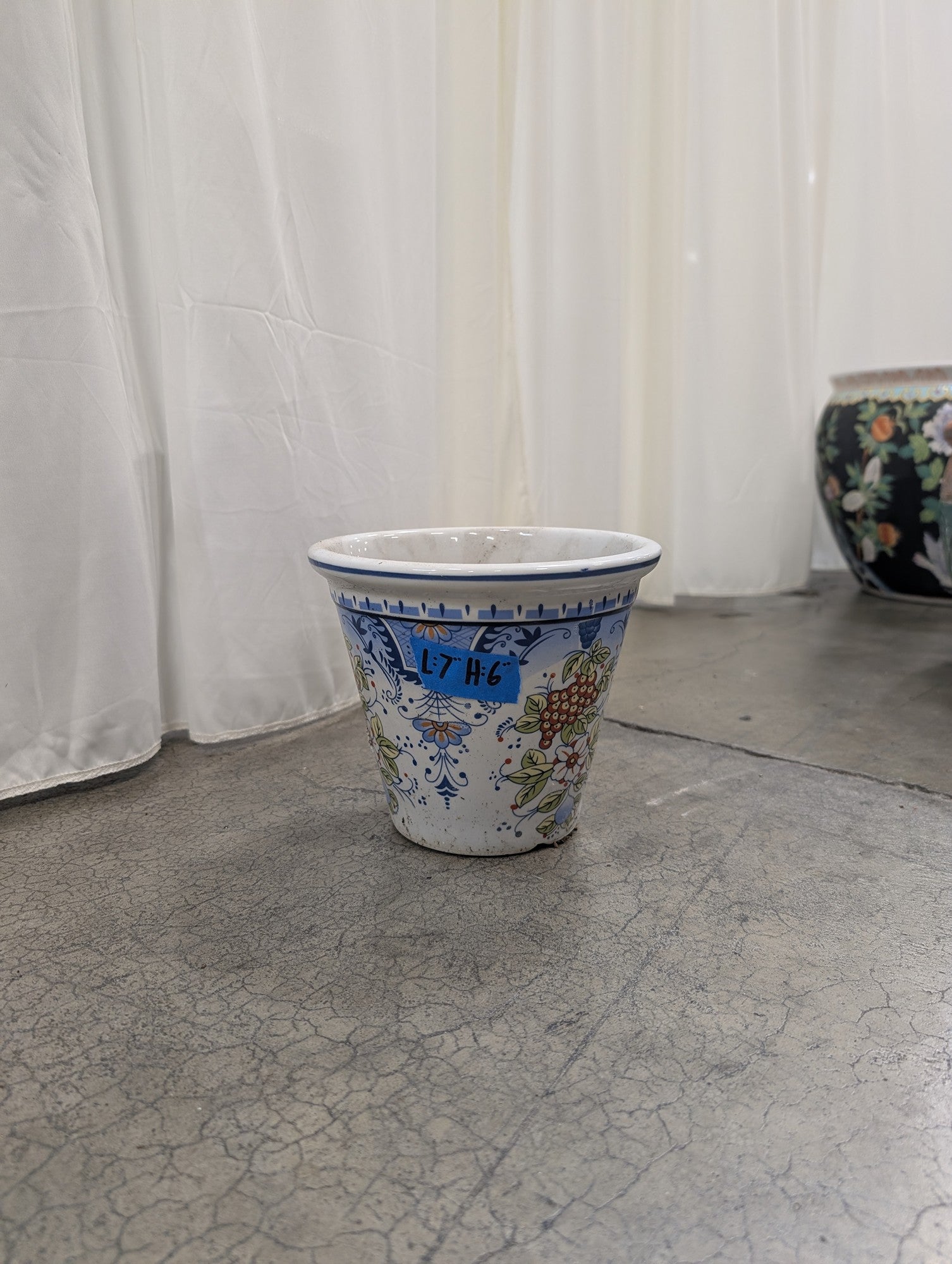 White Ceramic Flowerpot with Floral and Fruit Pattern