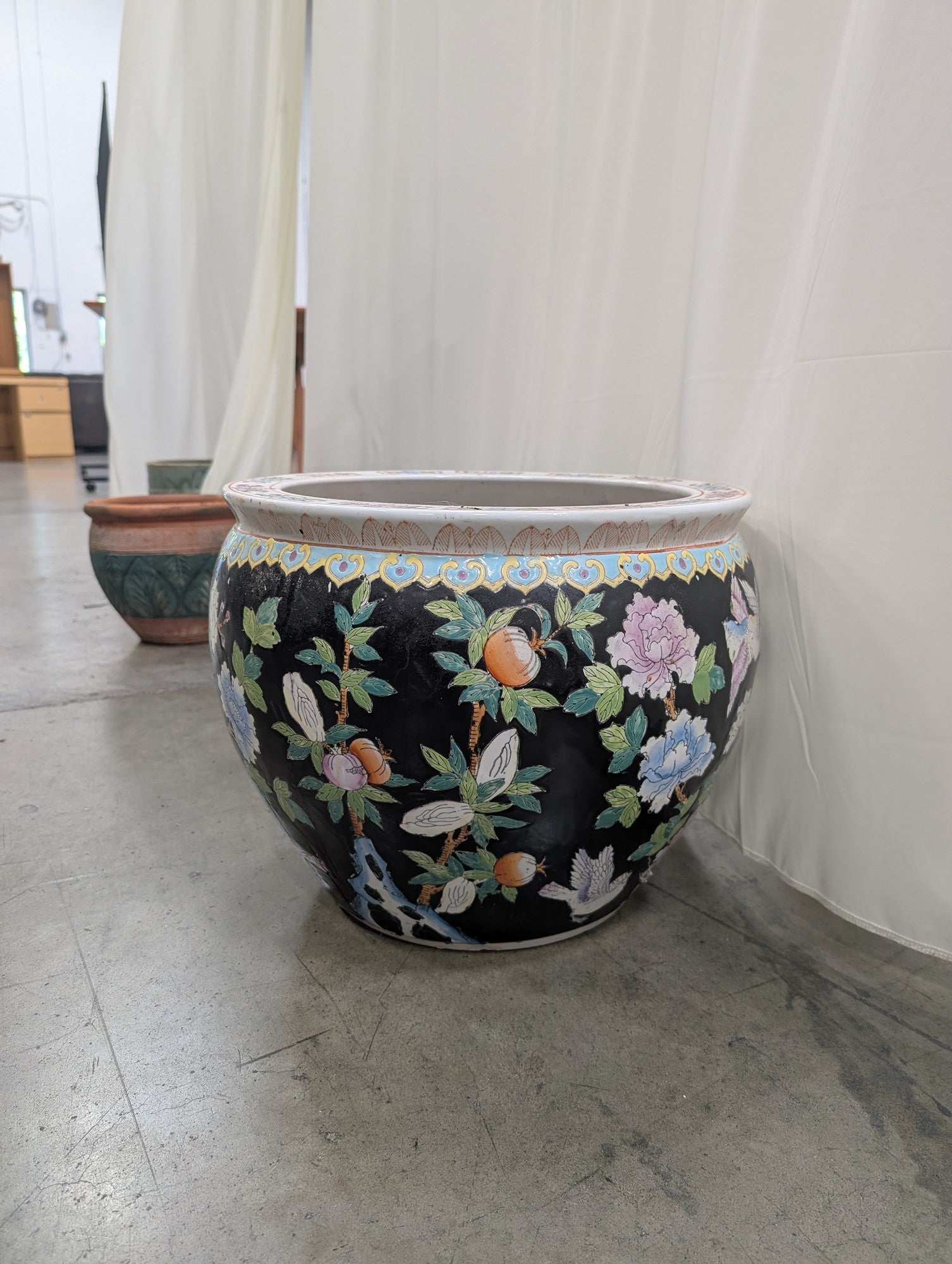 Chinoiserie Black Ceramic Planter with Floral and Bird Motifs