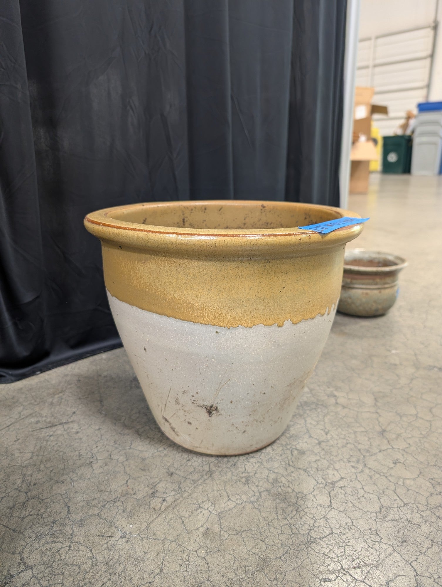 Two-Tone Tan and White Stoneware Planter with Glazed Finish