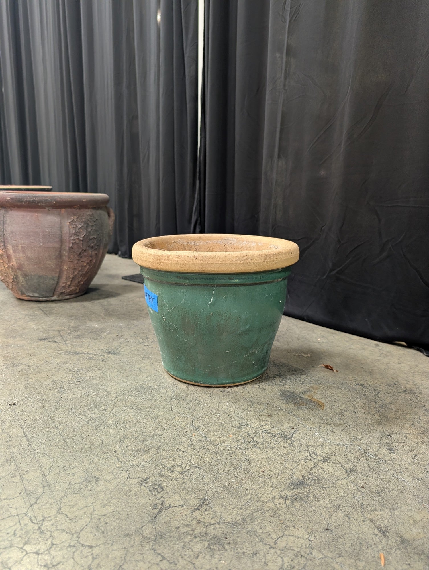 Round Green Glazed Planter with Terracotta Rim