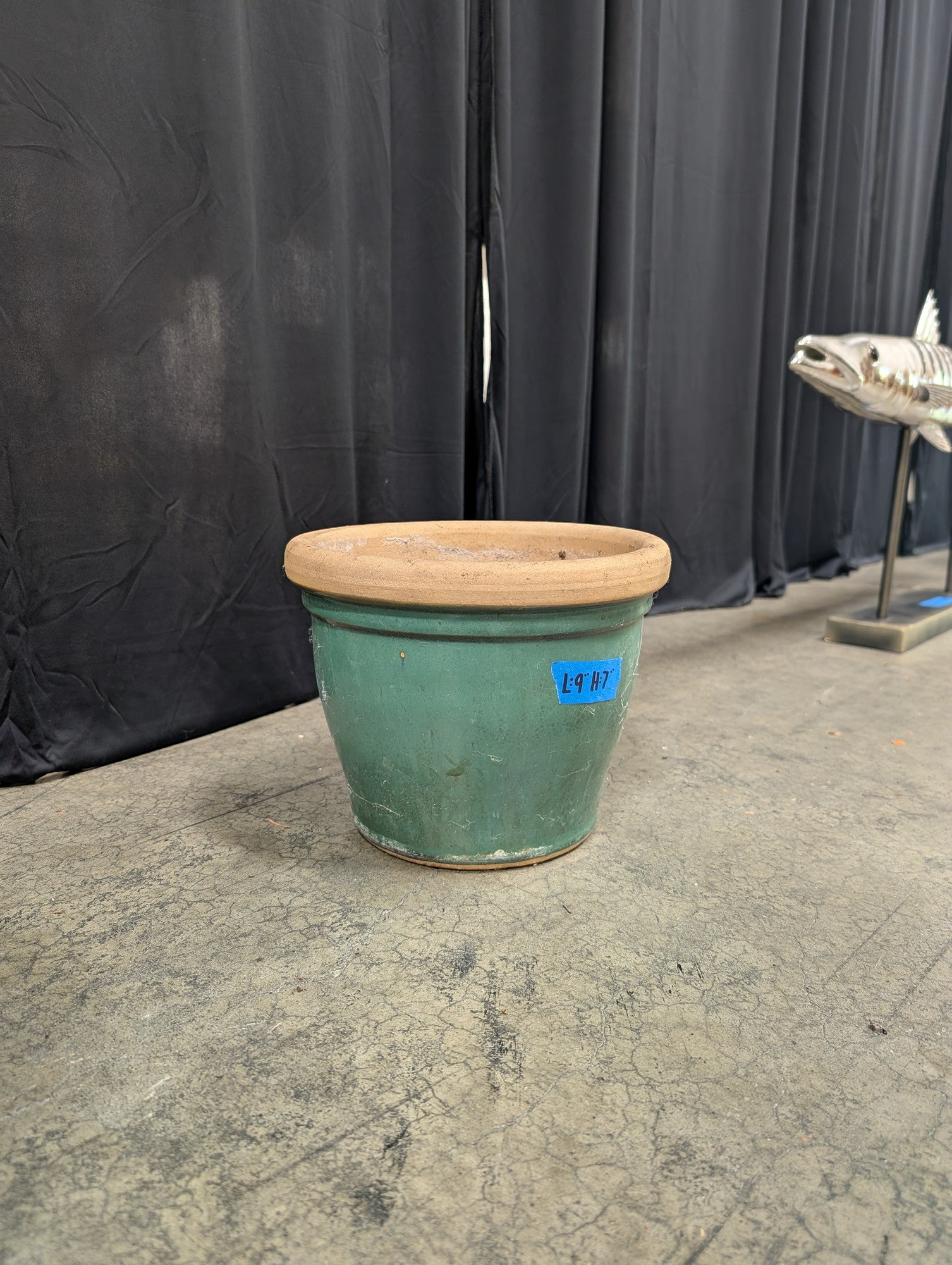 Round Green Glazed Planter with Terracotta Rim