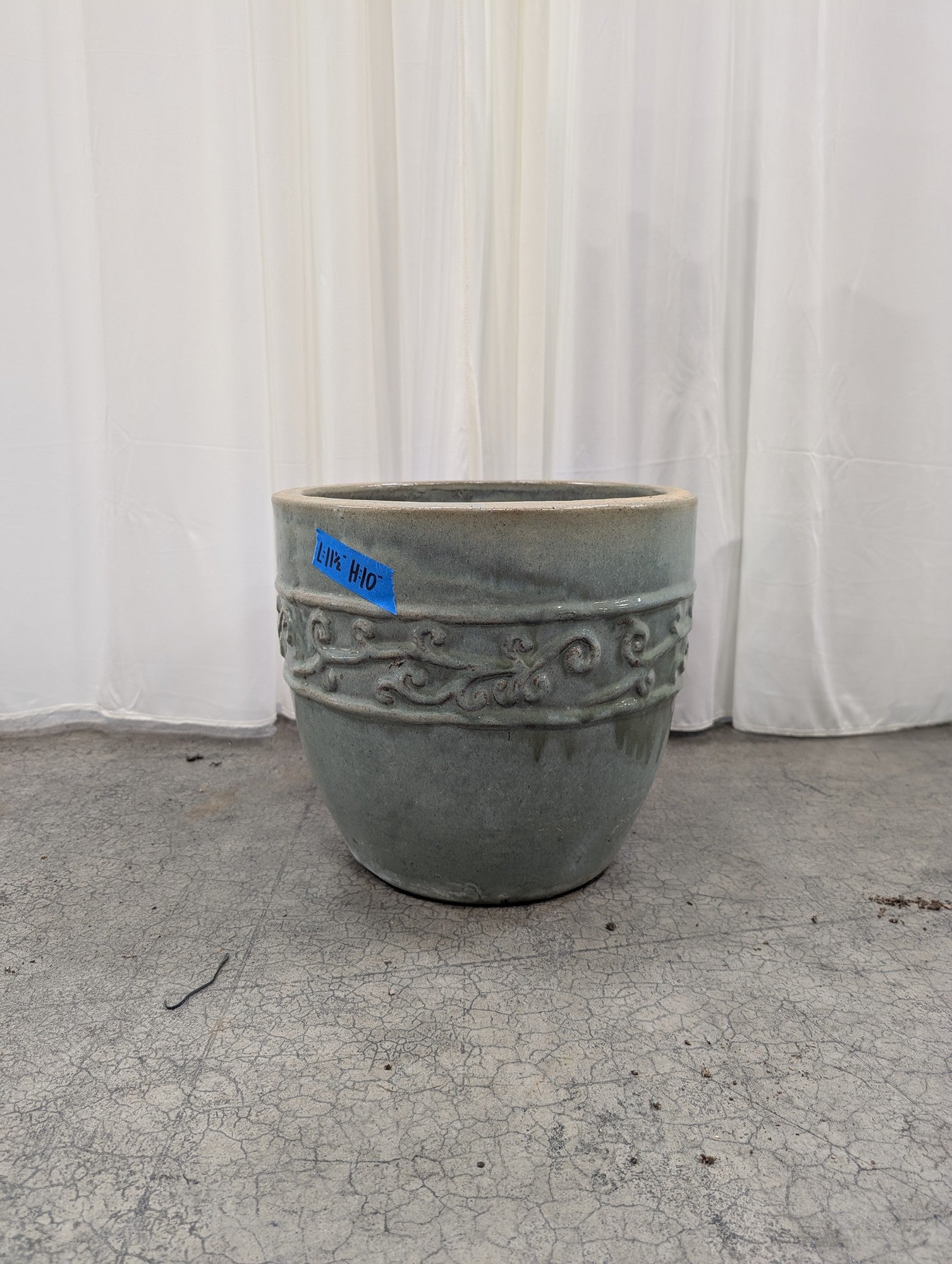 Grey-Green Ceramic Planter with Embossed Scroll Design