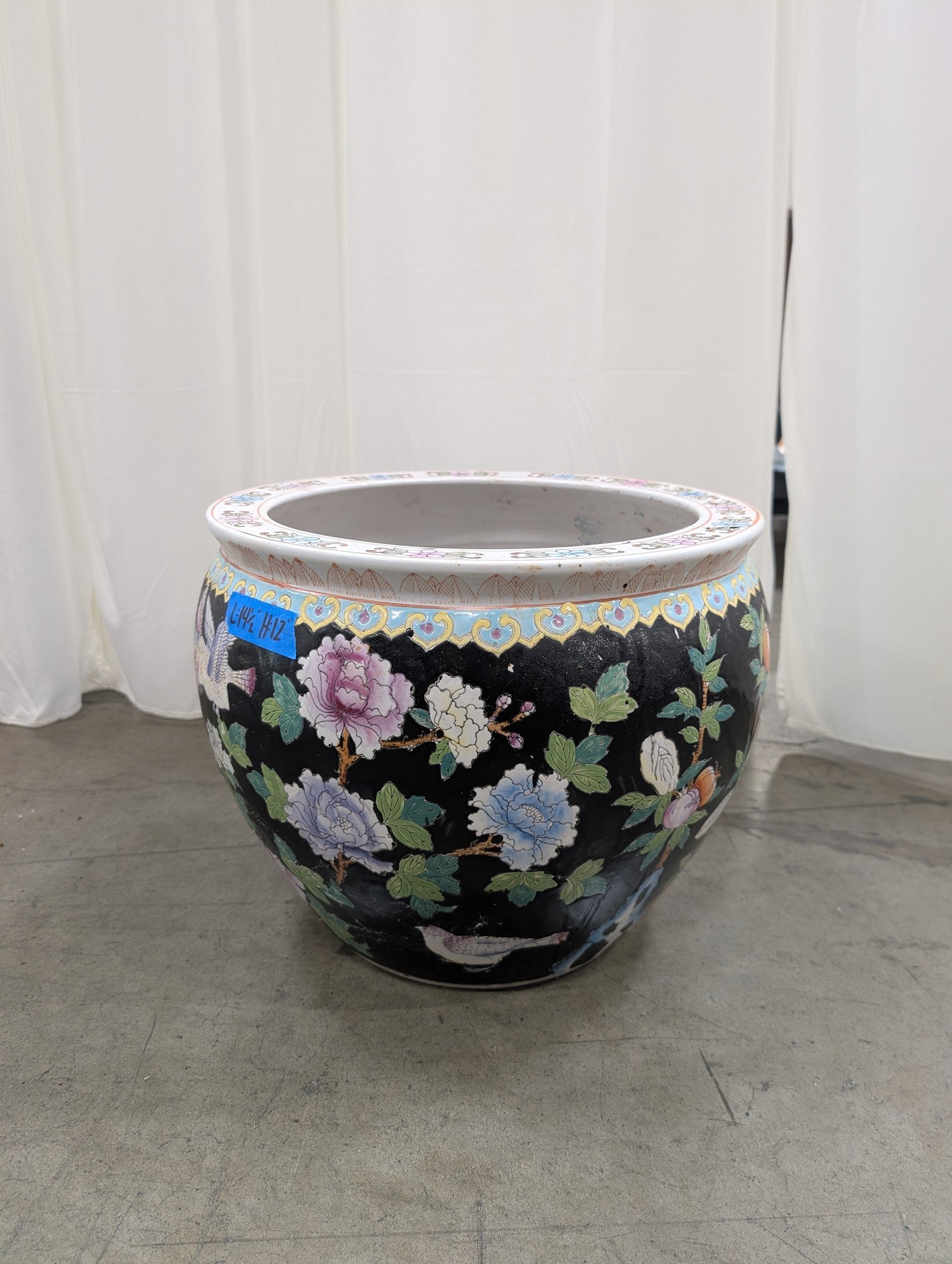 Chinoiserie Black Ceramic Planter with Floral and Bird Motifs