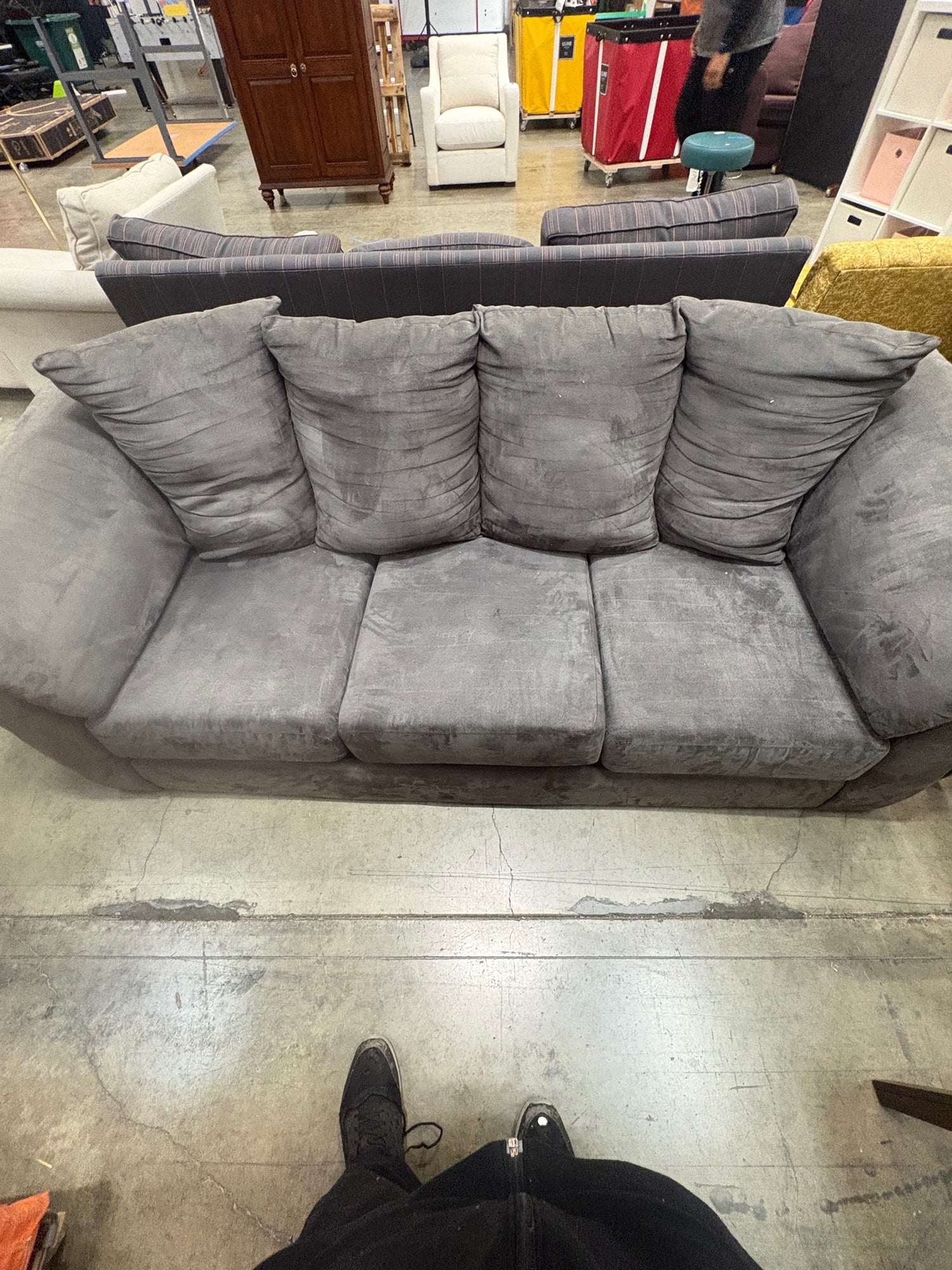 Spacious Three-Seater Grey Upholstered Sofa