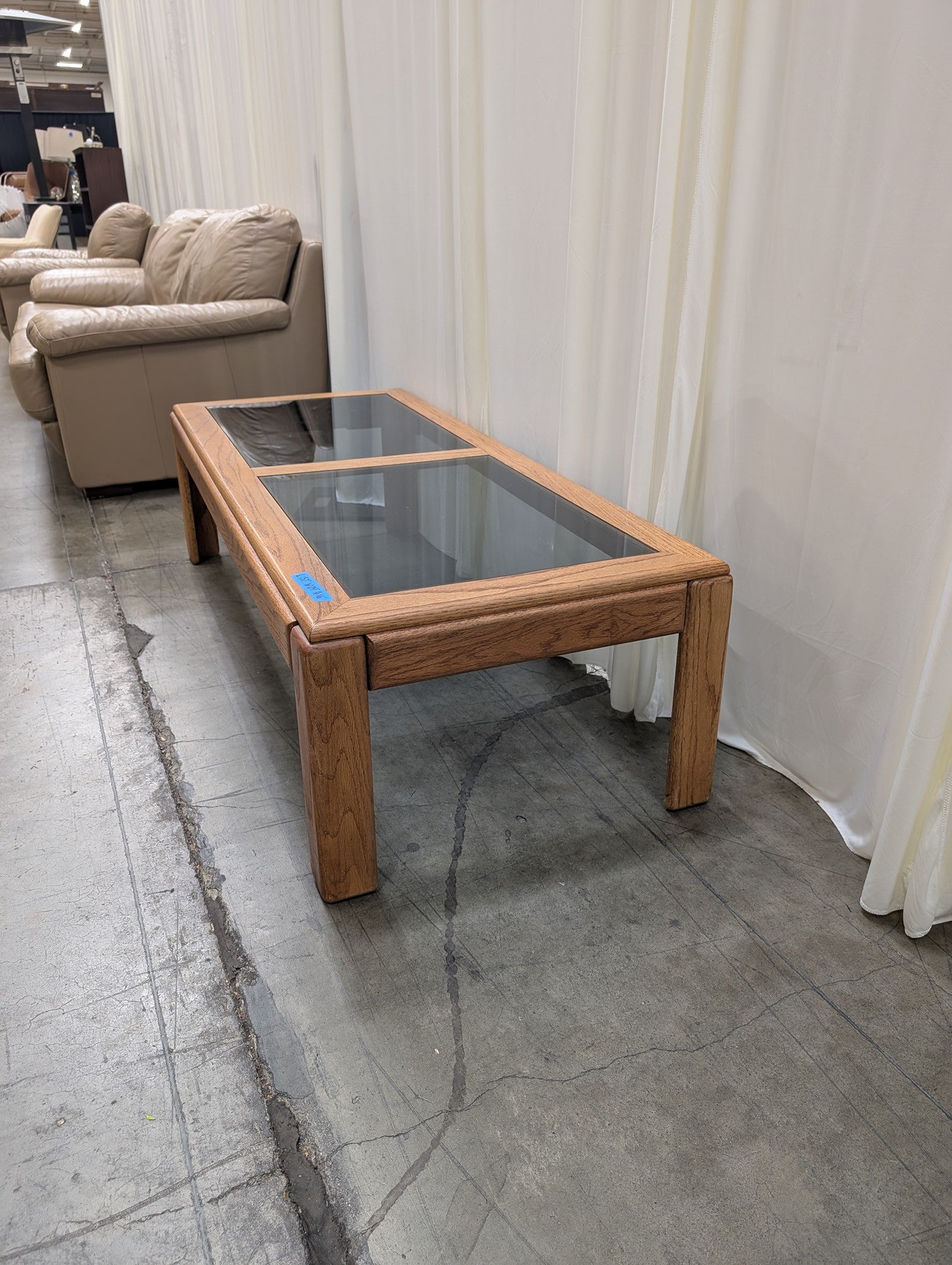 Vintage Oak Coffee Table with Glass Inserts