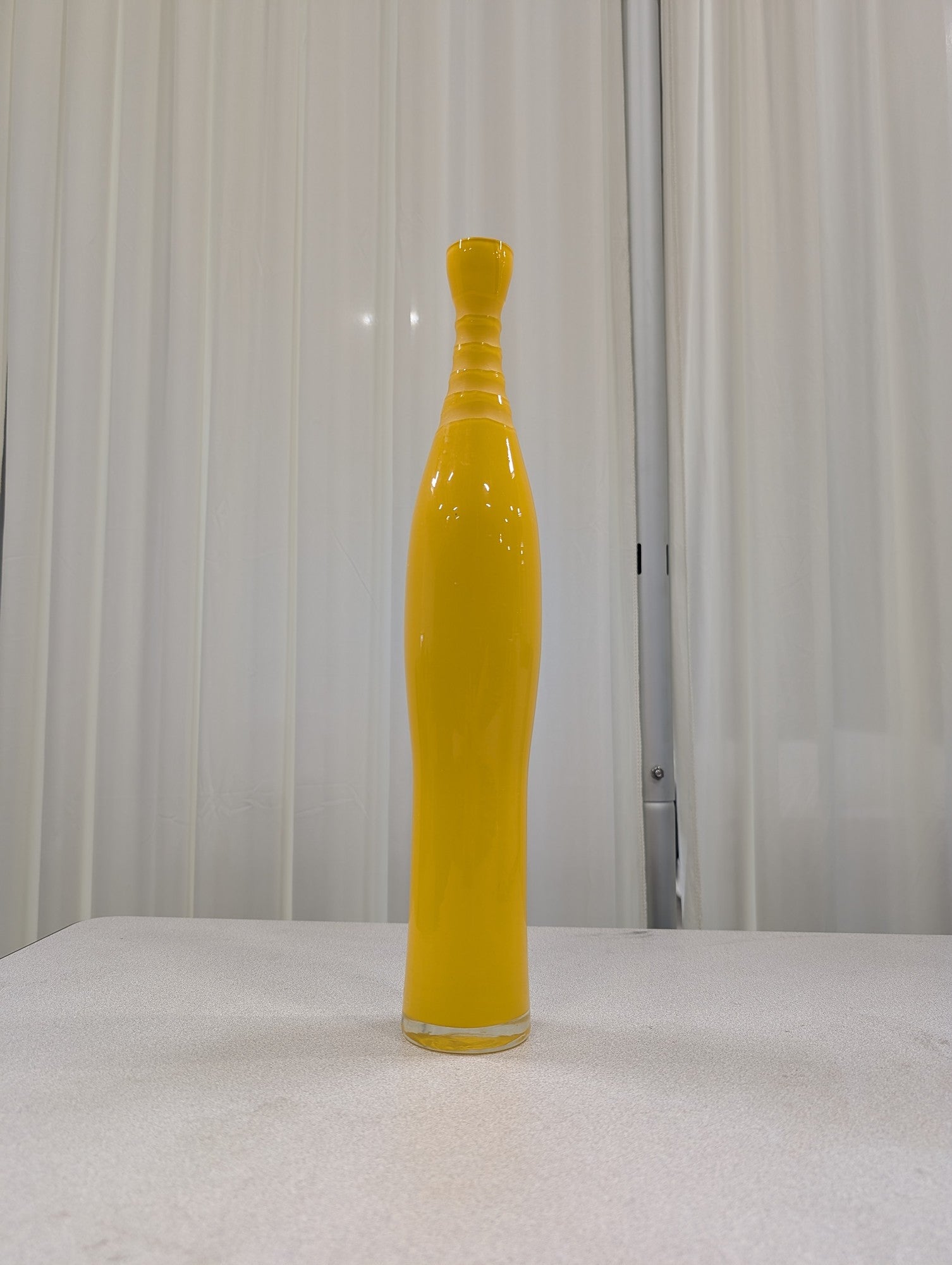 Tall Yellow Glass Vase with a Ribbed Neck