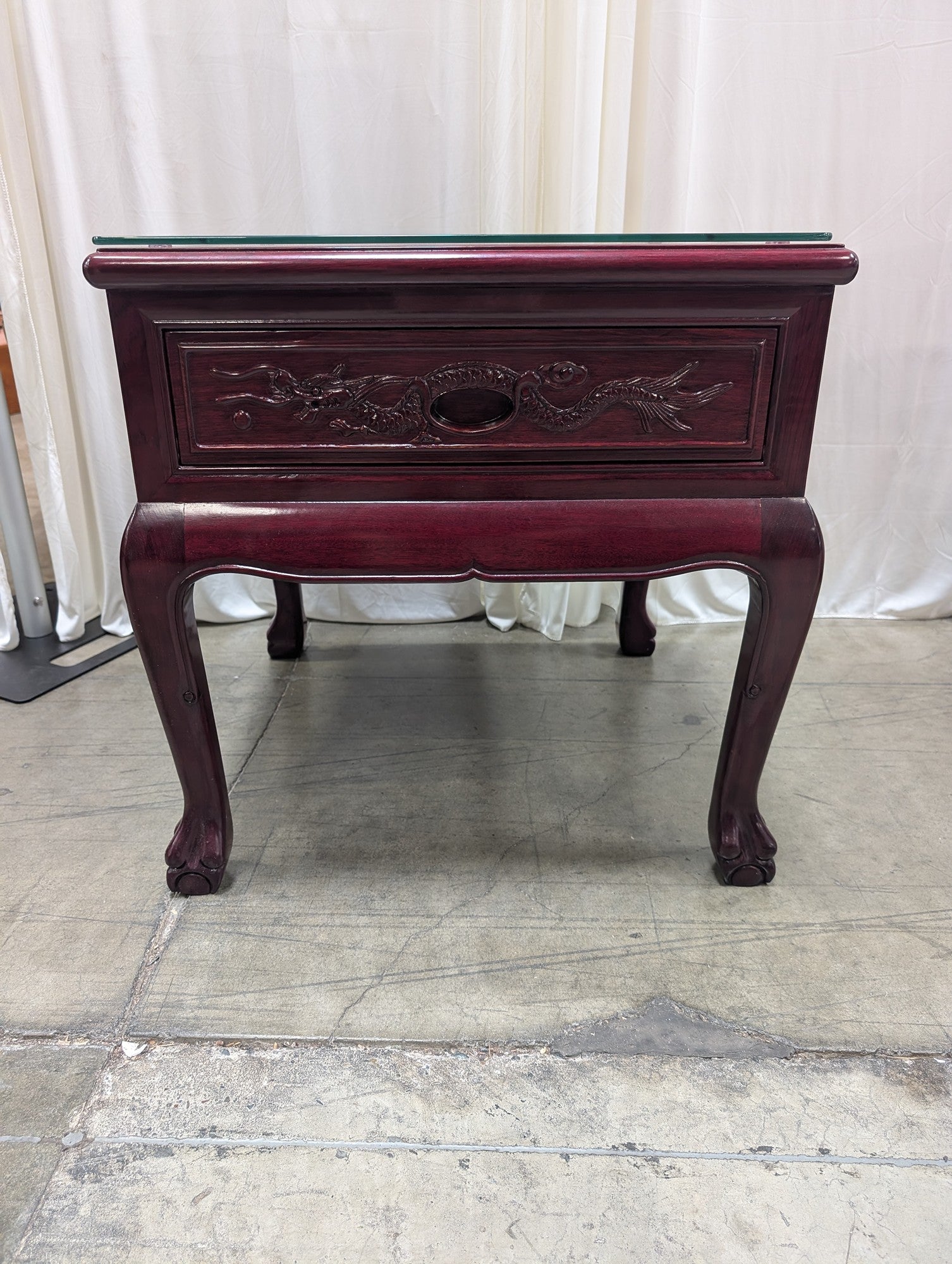Mahogany Finish Oriental Style Nightstand with Carved Dragon