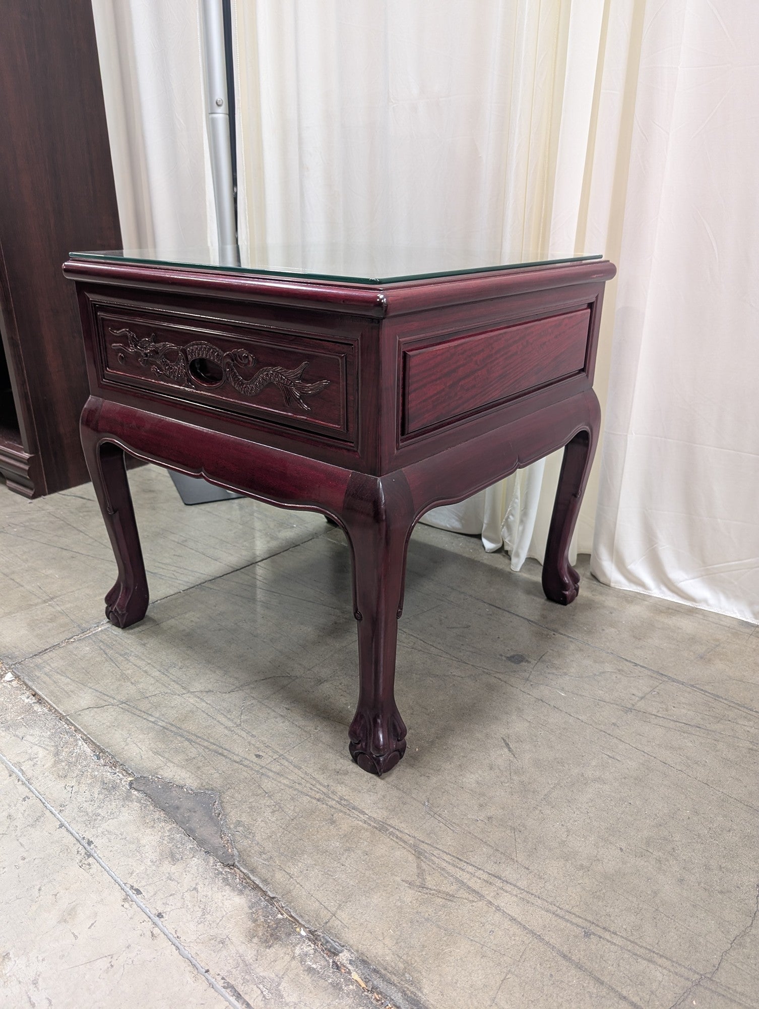 Mahogany Finish Oriental Style Nightstand with Carved Dragon