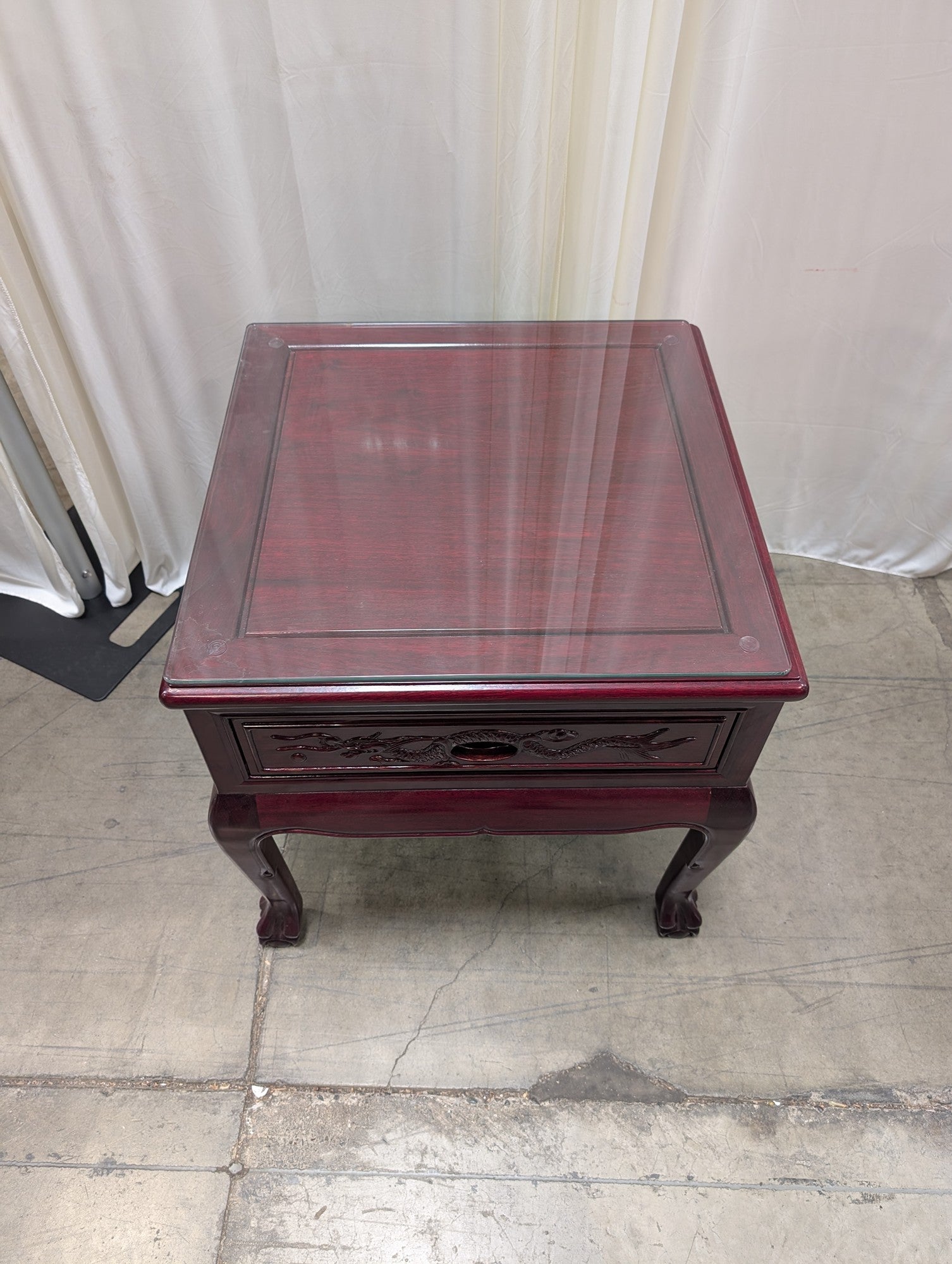 Mahogany Finish Oriental Style Nightstand with Carved Dragon