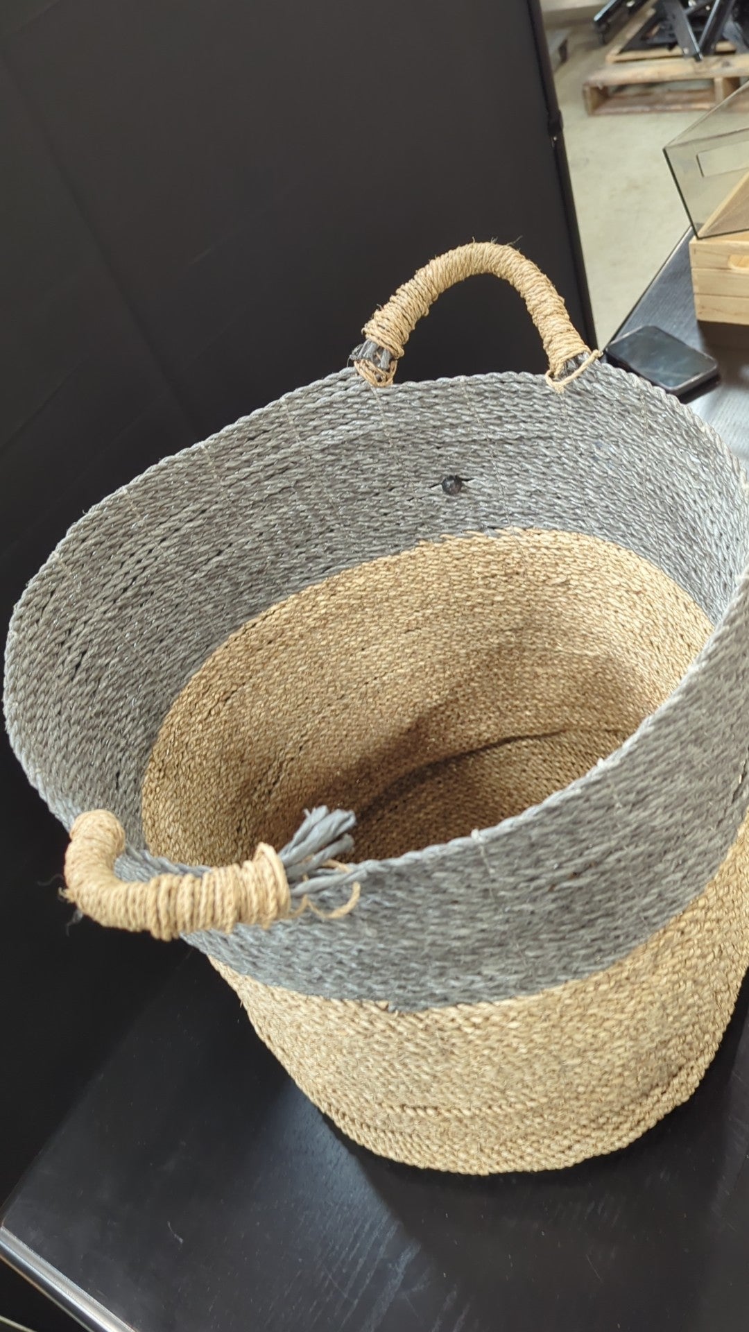 Two-Tone Woven Storage Basket with Rope Handles