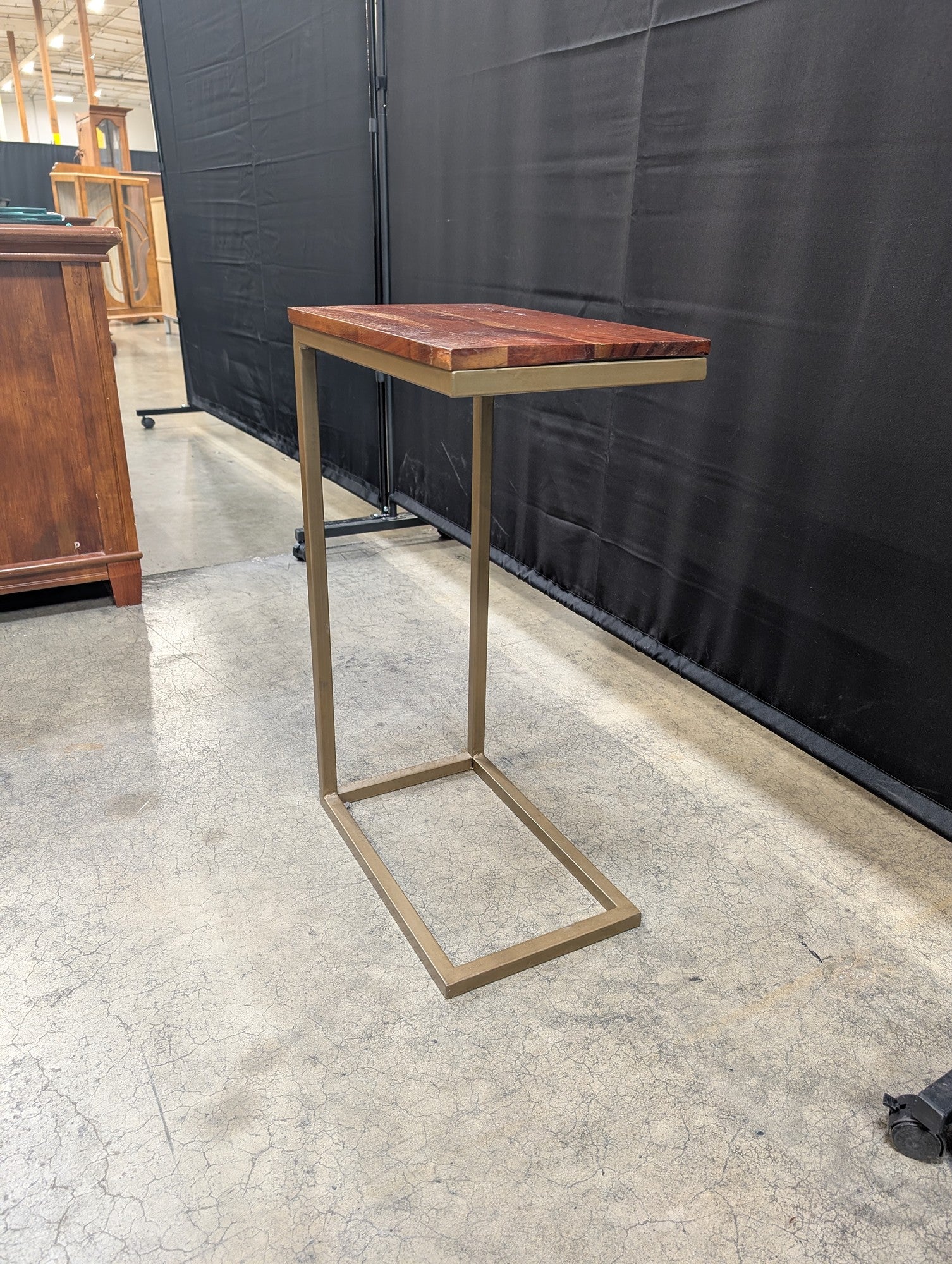 Modern Industrial C-Shape Side Table with Wood Top and Metal Frame