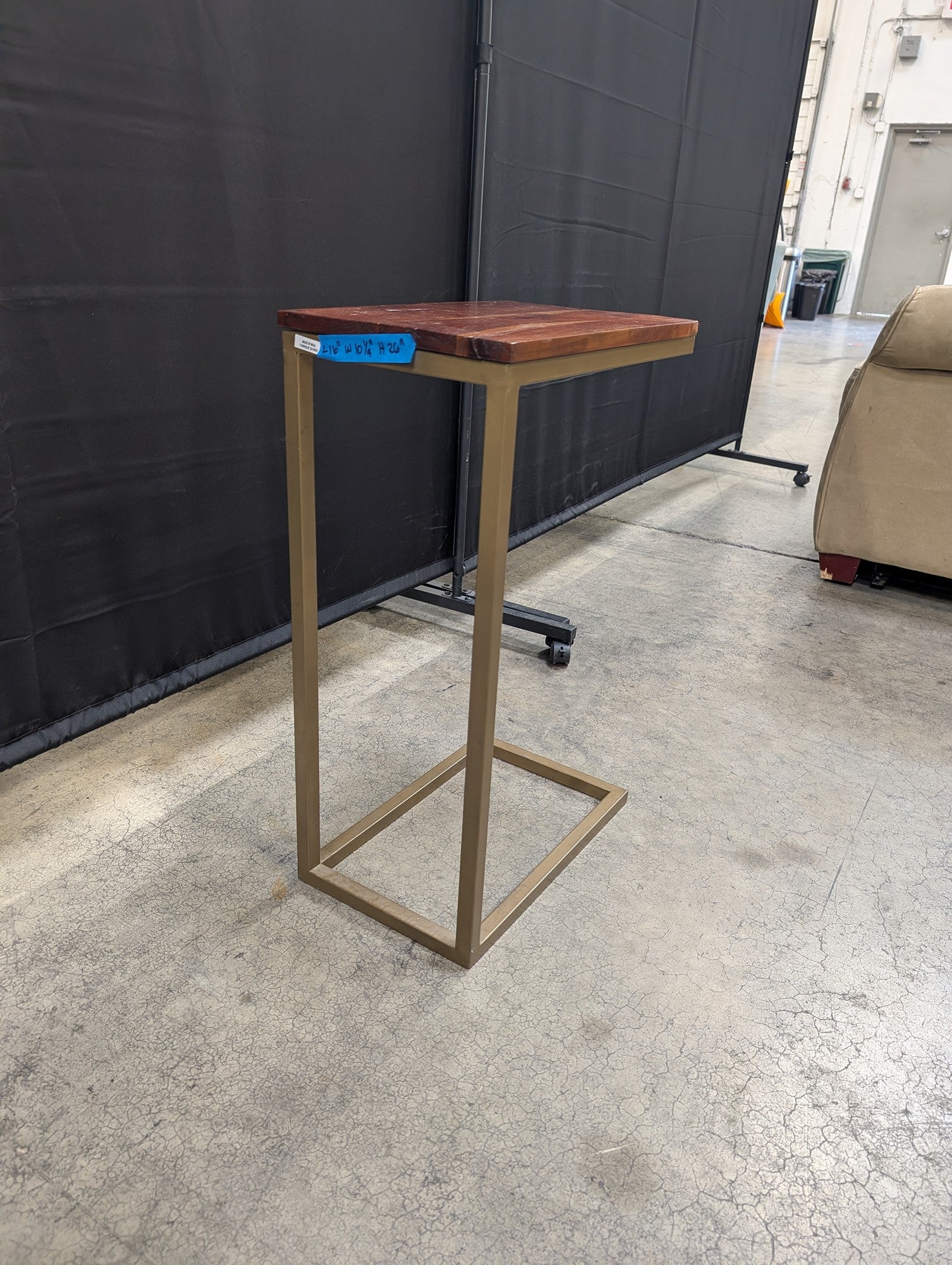 Modern Industrial C-Shape Side Table with Wood Top and Metal Frame