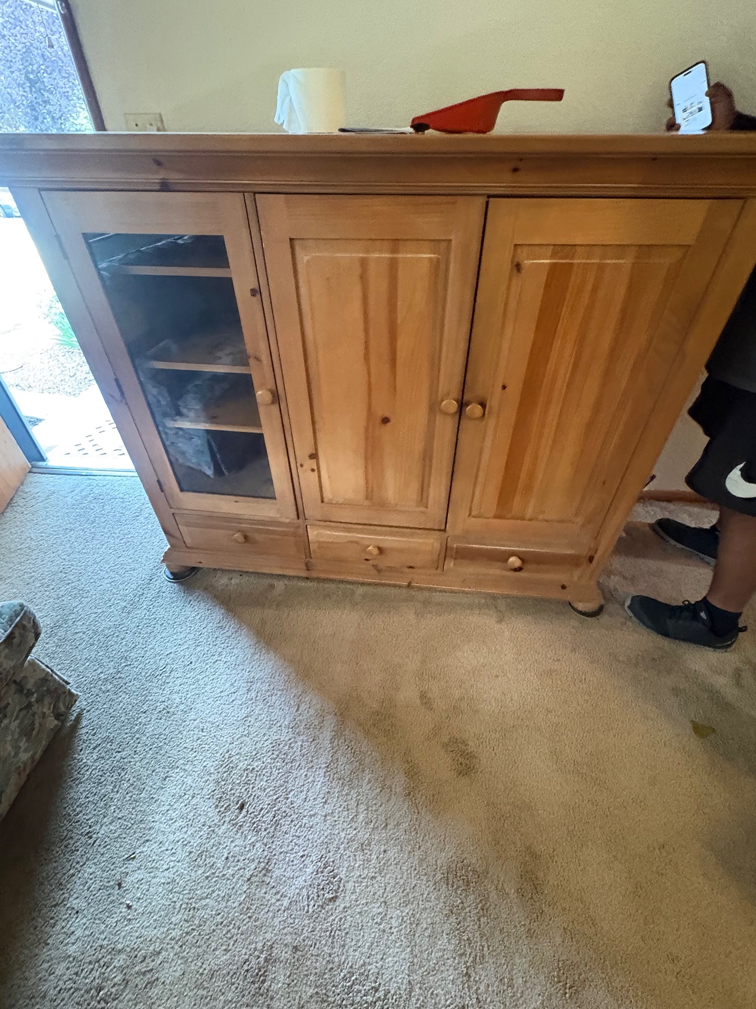 Light Pine Wood Three-Door TV console with Glass Panel