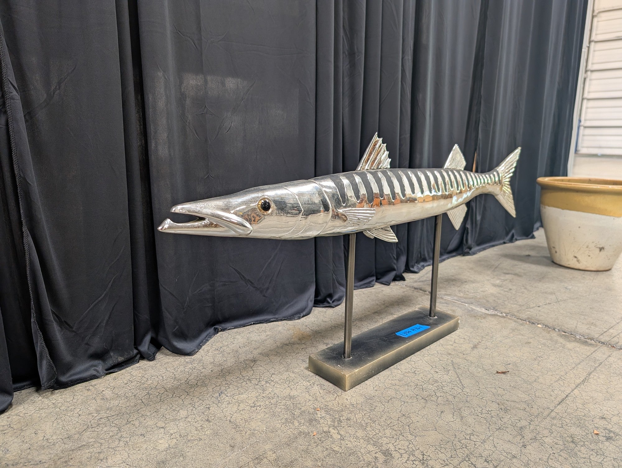 Polished Metal Barracuda Fish Sculpture on Stand