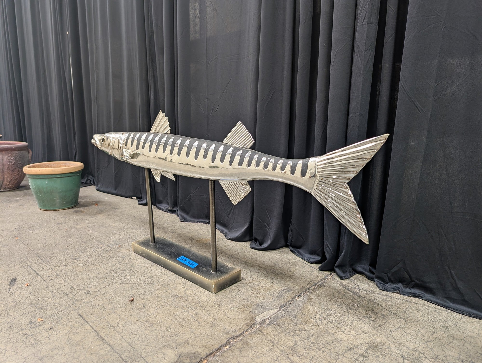 Polished Metal Barracuda Fish Sculpture on Stand