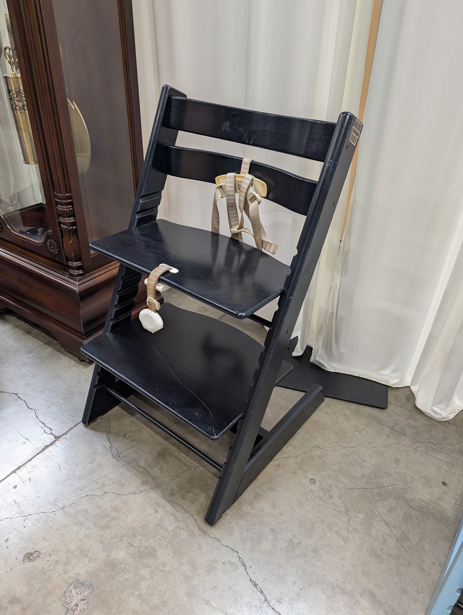 Black Adjustable Wooden High Chair with Safety Harness