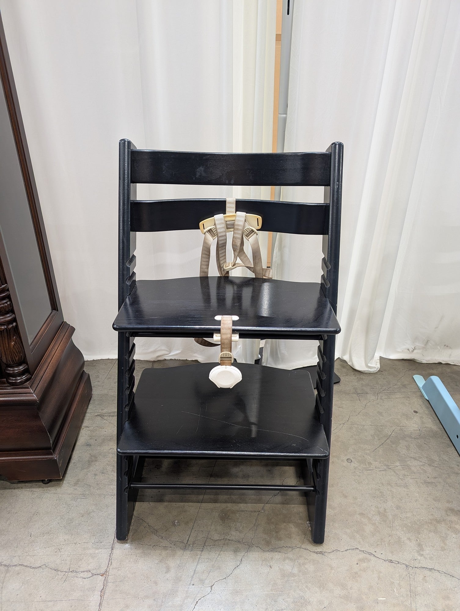 Black Adjustable Wooden High Chair with Safety Harness