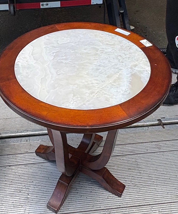 Round Wood Pedestal End Table with Inlaid Stone Top