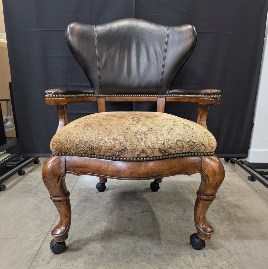 Leather Back Thomasville Chair Patterned Upholstery