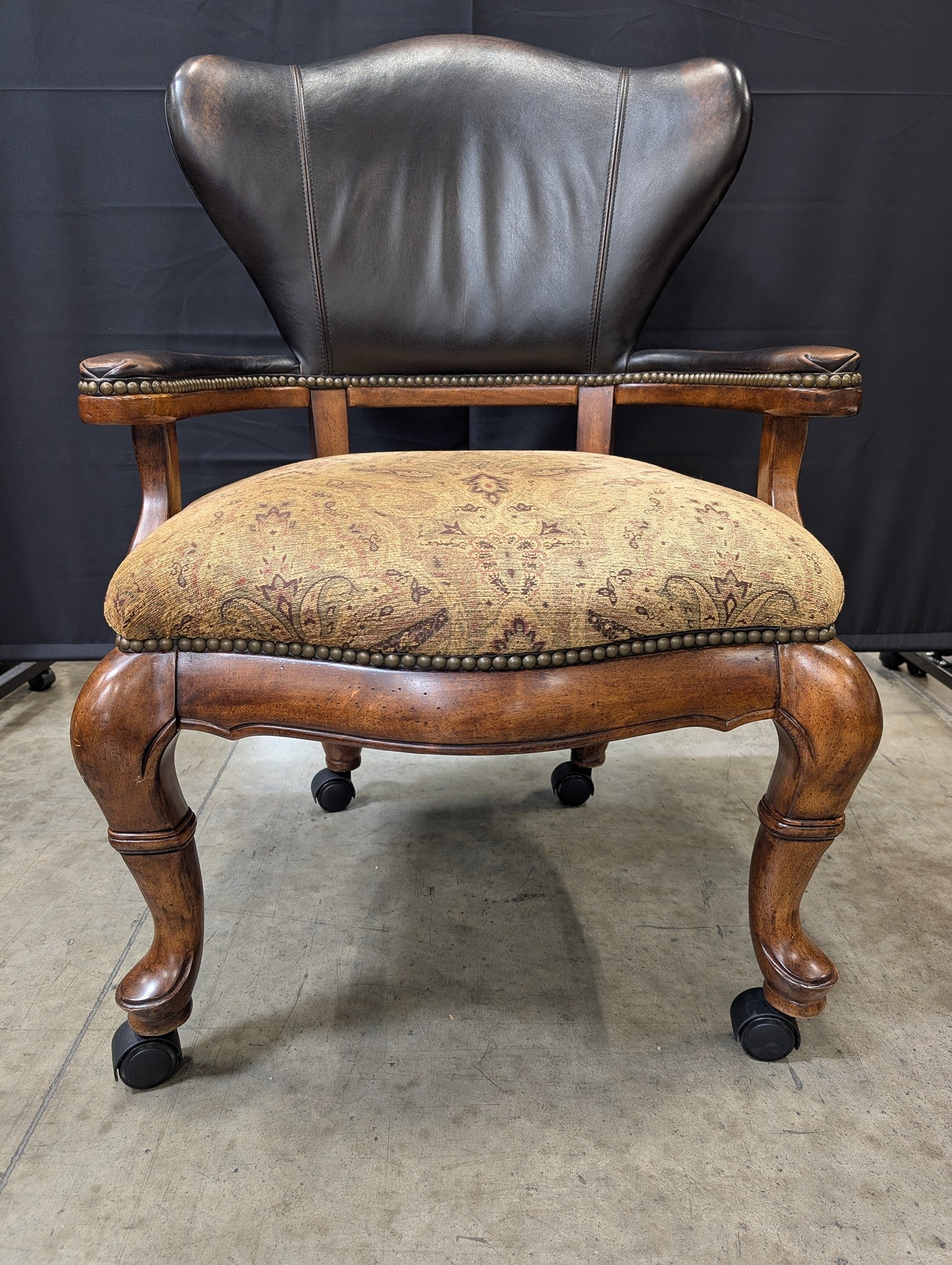 Leather Back Thomasville Chair Patterned Upholstery