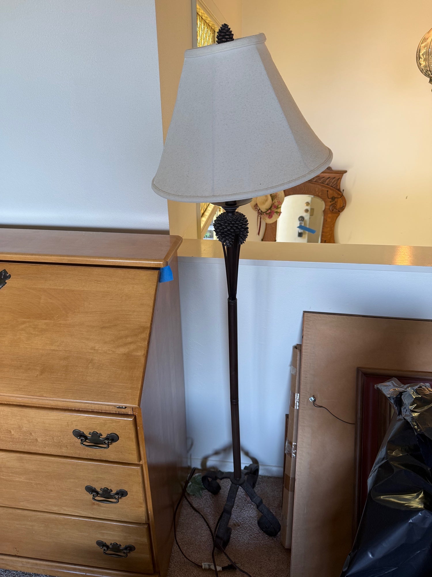 Rustic Pinecone Motif Floor Lamp with Tapered Fabric Shade