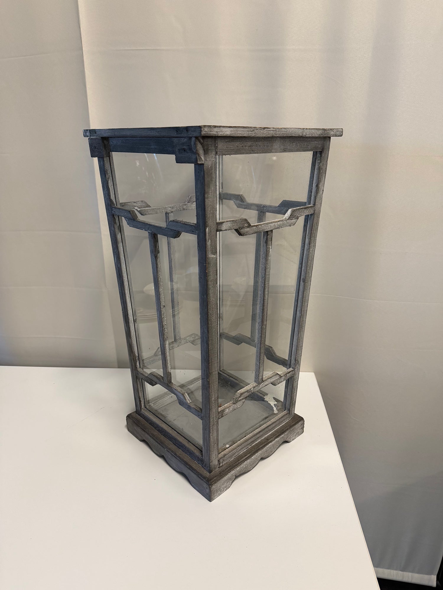 Distressed Grey Metal and Glass Display Lantern