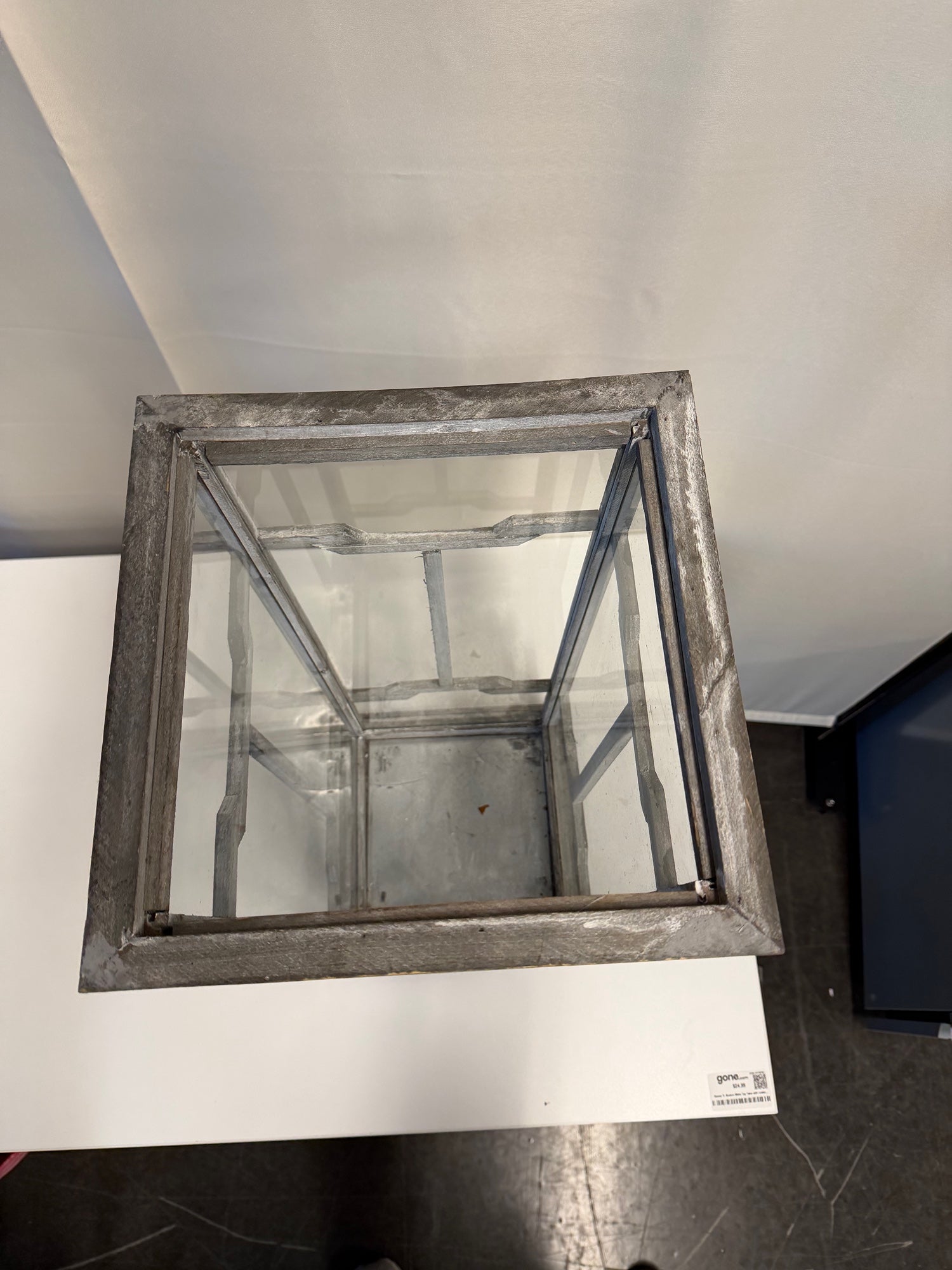 Distressed Grey Metal and Glass Display Lantern