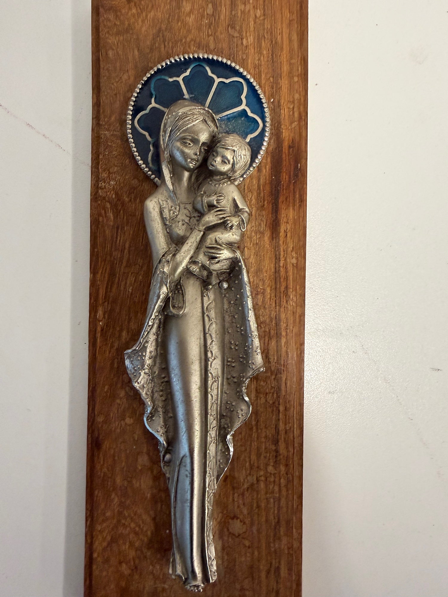 Vintage Mother and Child Silver Tone Metal Sculpture on Wood Plaque -  Made in Italy