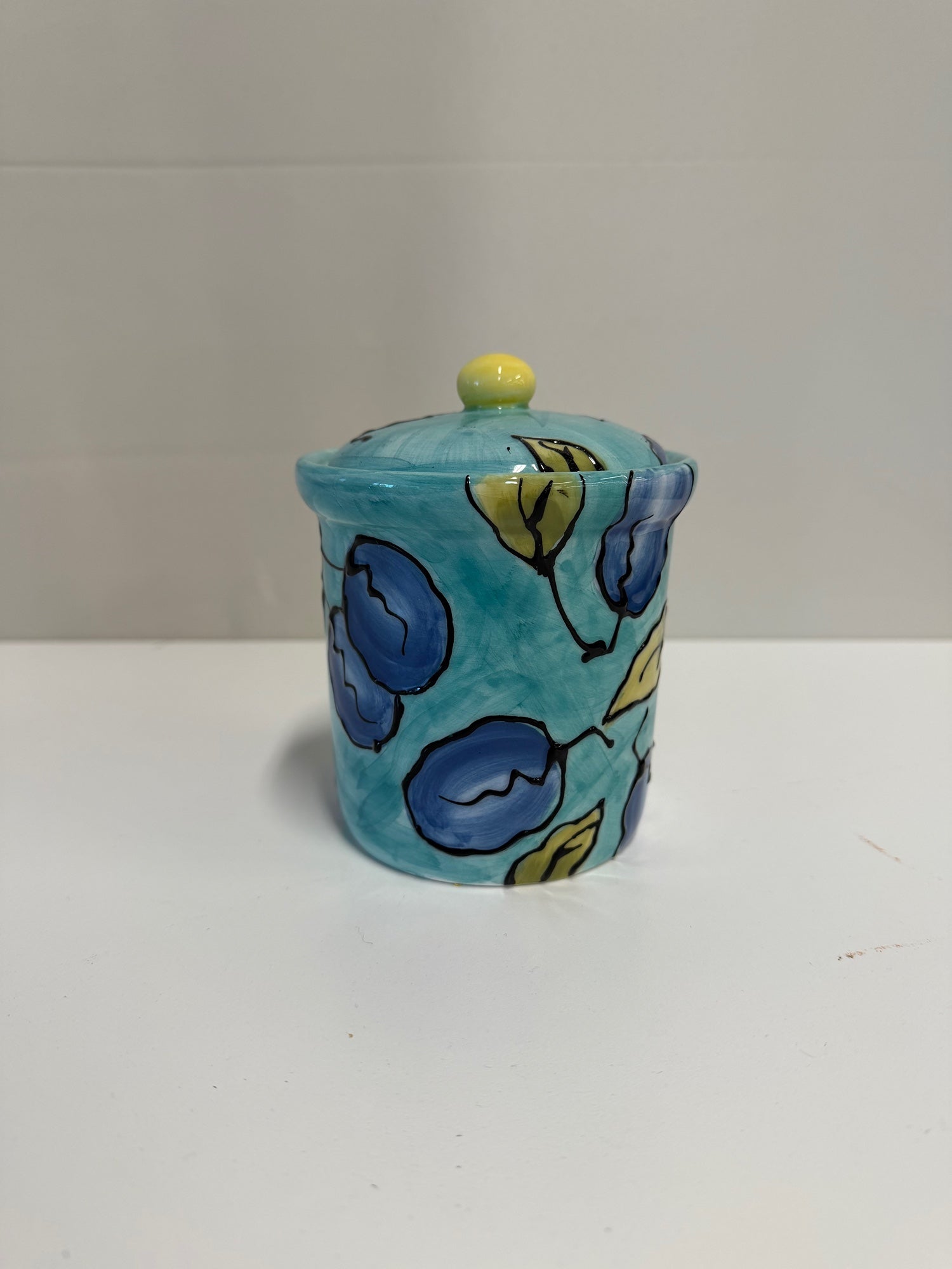 Small Lillian Vernon Hand-Painted Ceramic Canister with Lid, Fruit Motif