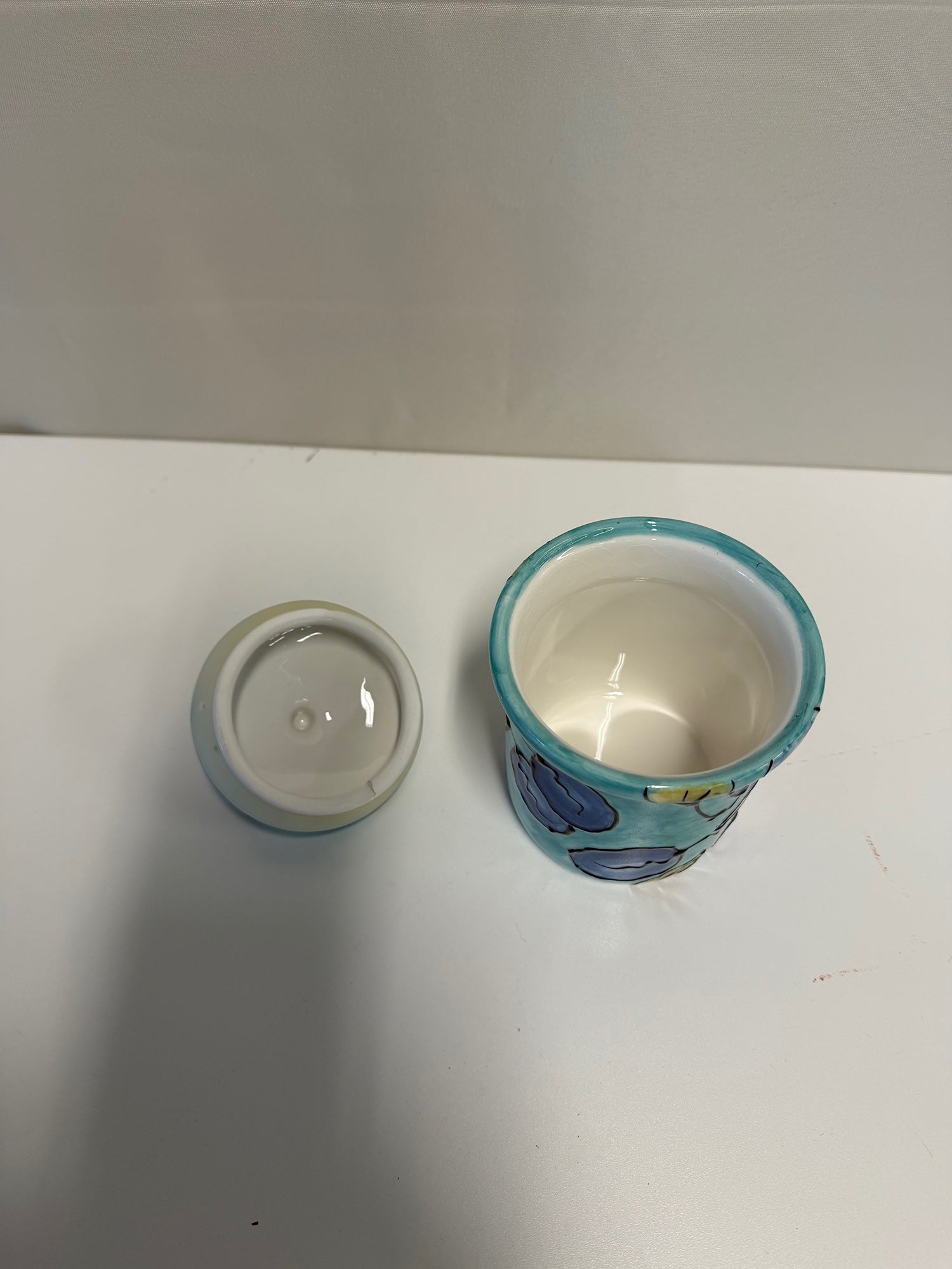 Small Lillian Vernon Hand-Painted Ceramic Canister with Lid, Fruit Motif