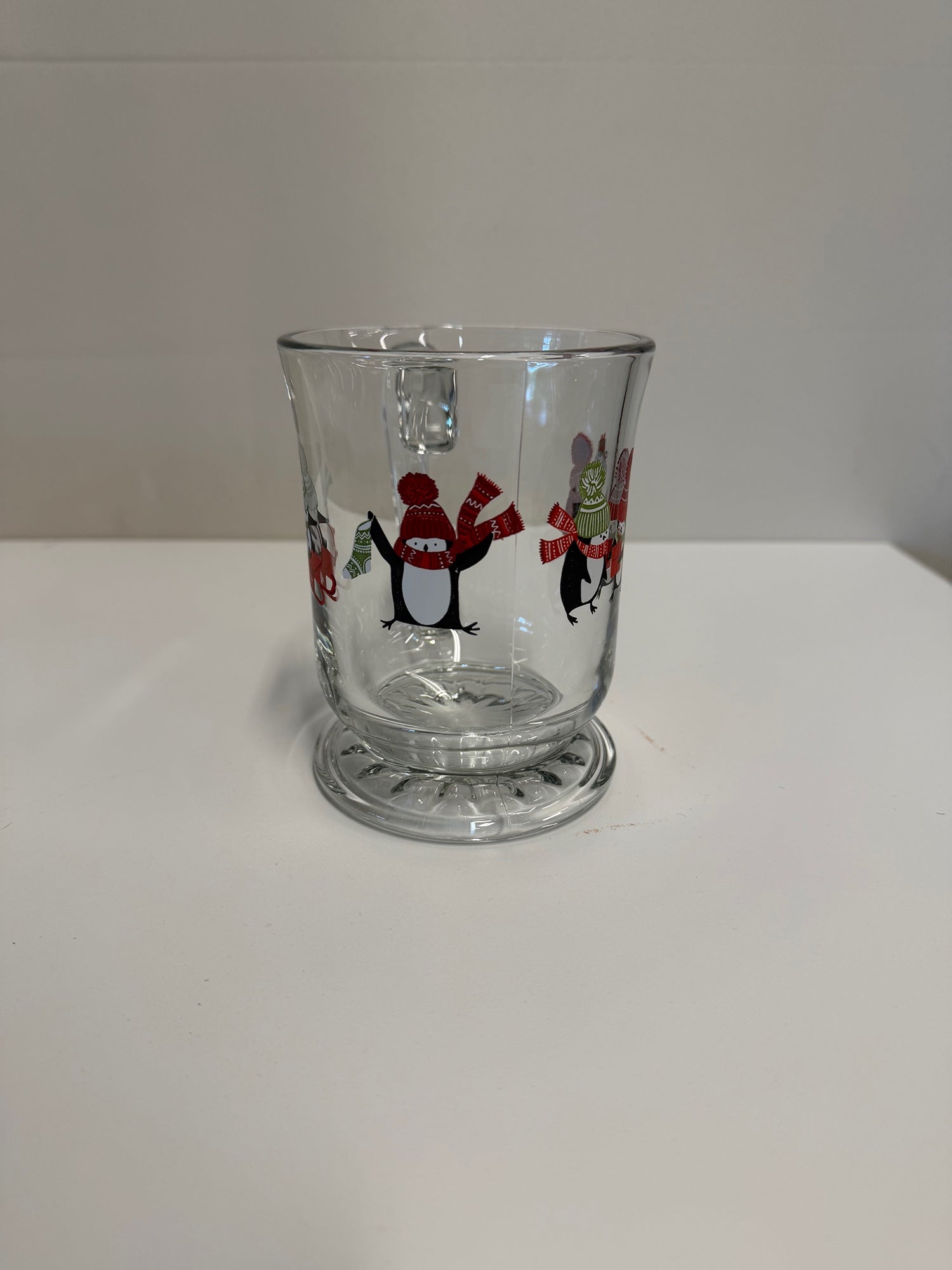 Festive Penguin Holiday Glass Mug with Footed Base